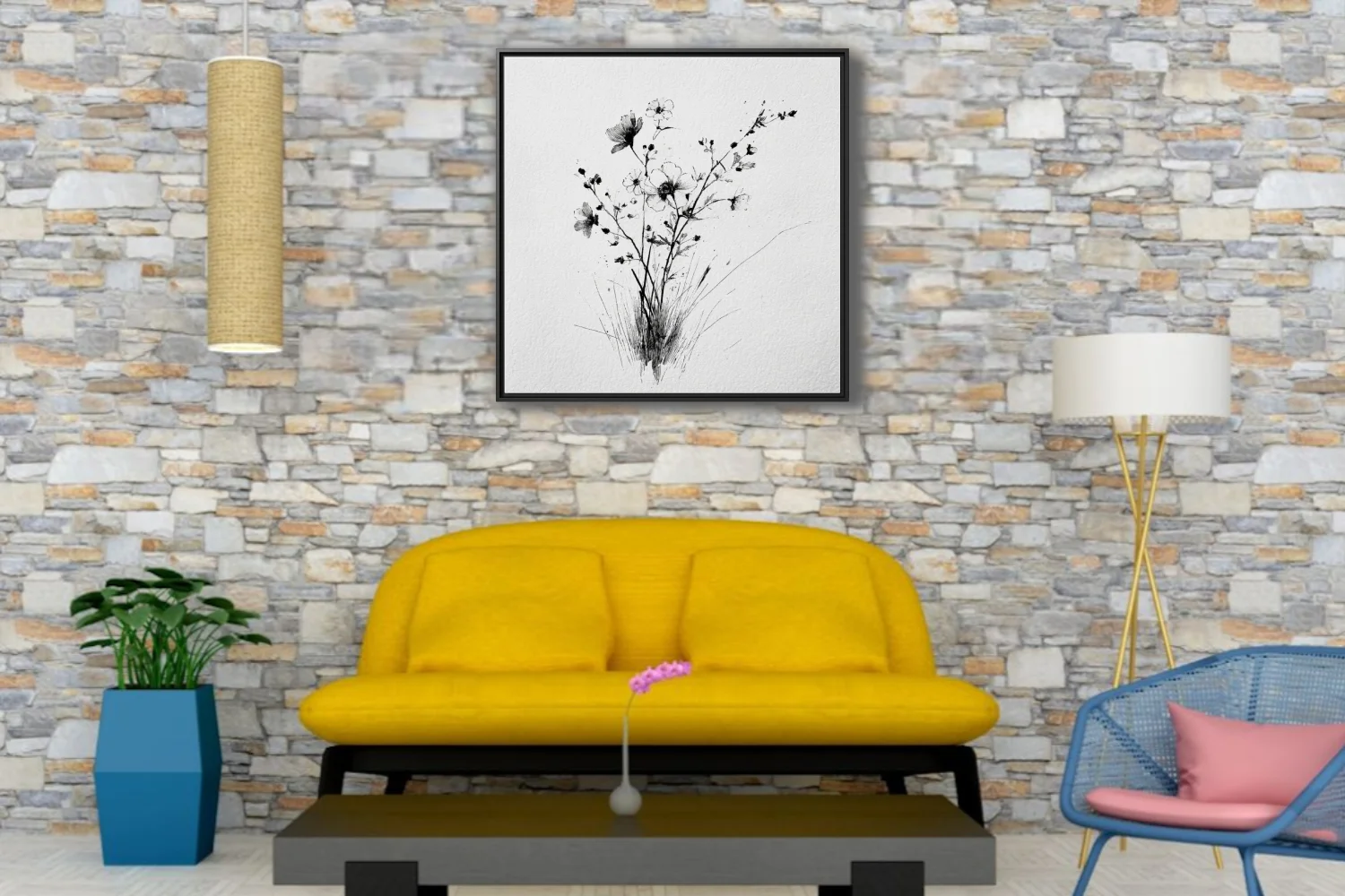 Black and white ink-style wildflower botanical illustration on textured paper