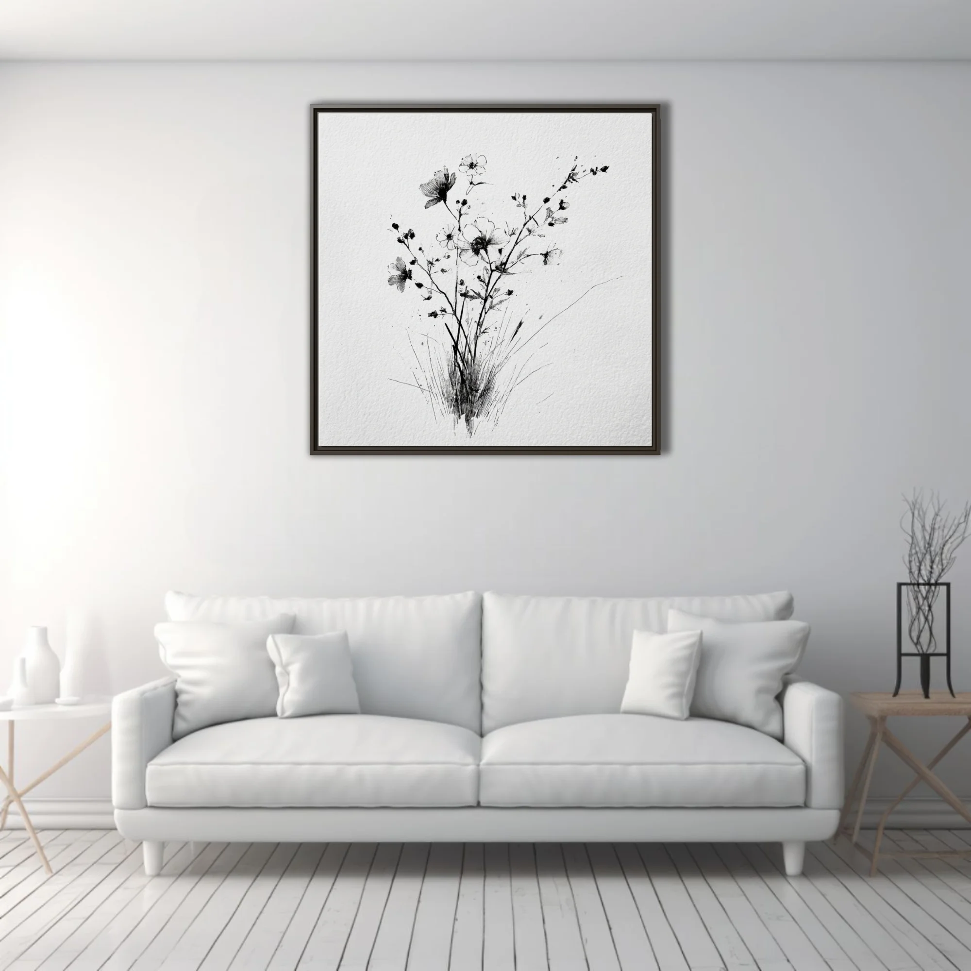 Black and white ink-style wildflower botanical illustration on textured paper