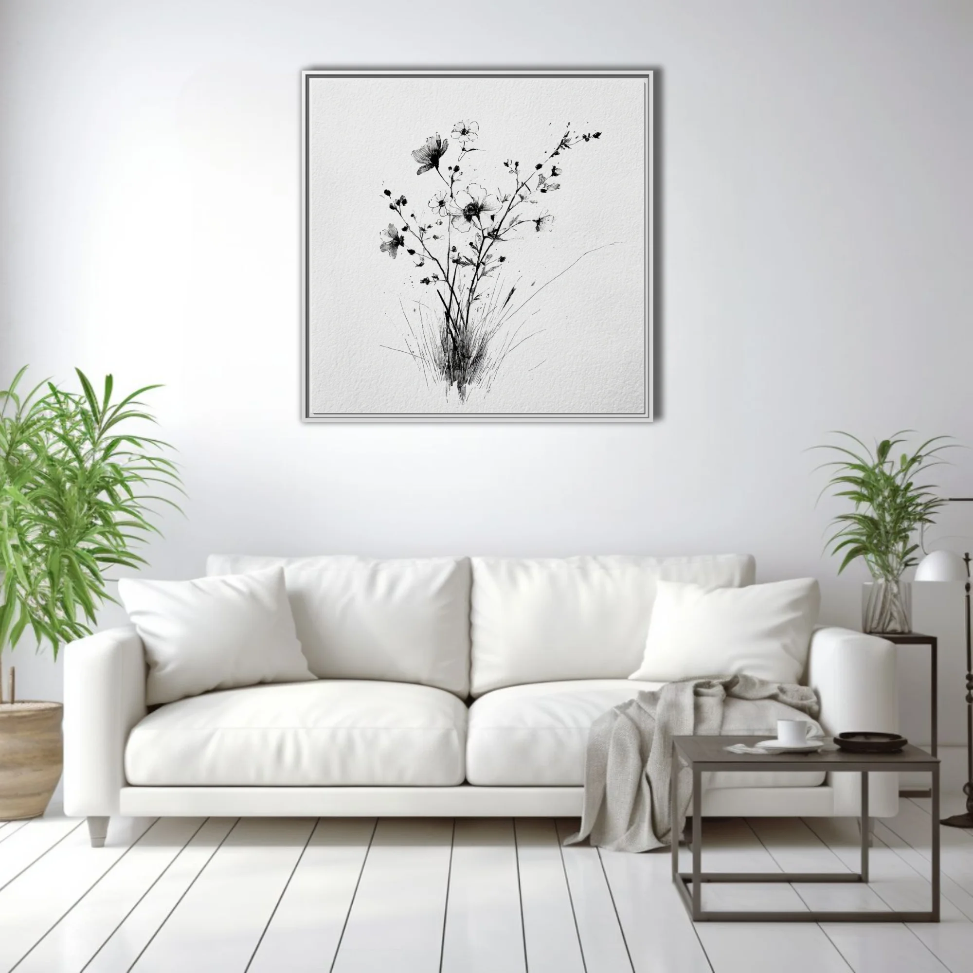 Black and white ink-style wildflower botanical illustration on textured paper