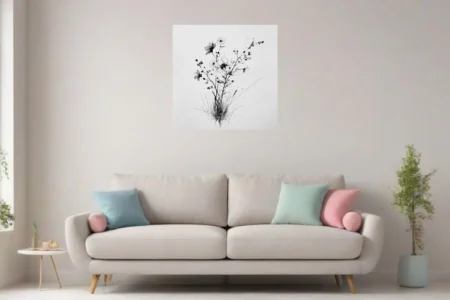 Black and white ink-style wildflower botanical illustration on textured paper