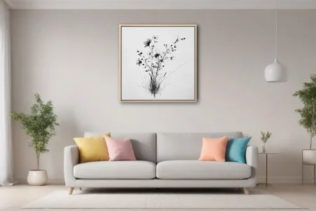 Black and white ink-style wildflower botanical illustration on textured paper