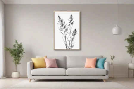 Minimalist ink-style botanical grass stems with feathery seed heads, black on white