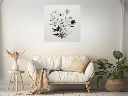 Fine-line black and white botanical wildflower illustration, vintage etching style