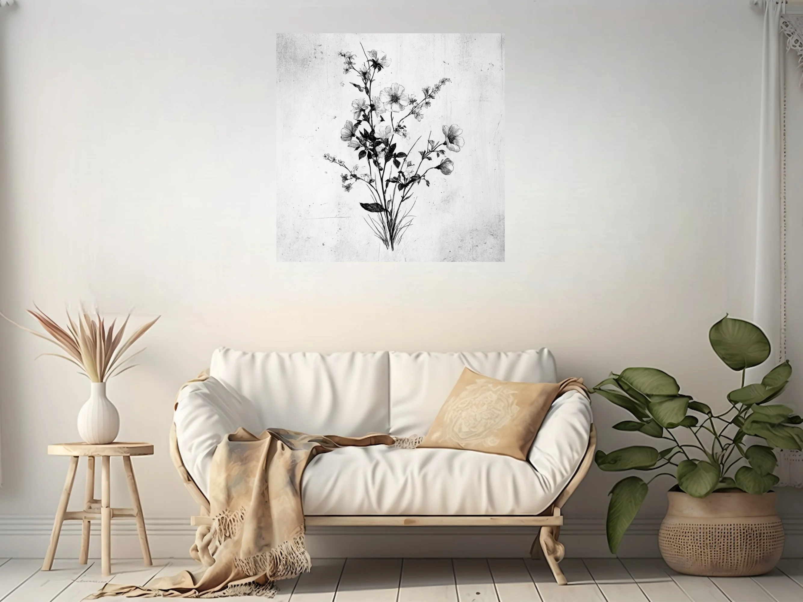 Black and white fine-line botanical illustration of wildflowers and stems, ink-style etching