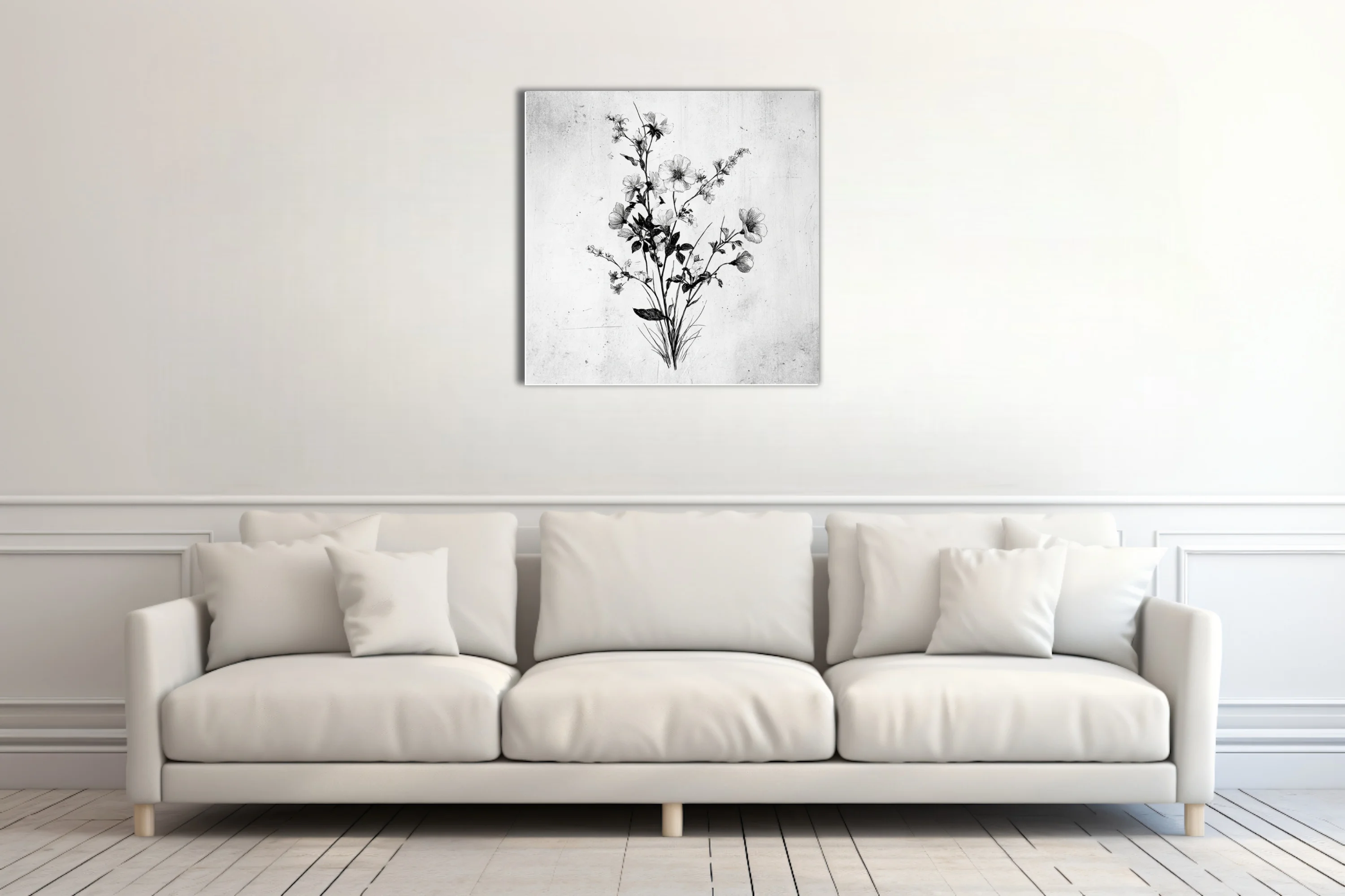 Black and white fine-line botanical illustration of wildflowers and stems, ink-style etching