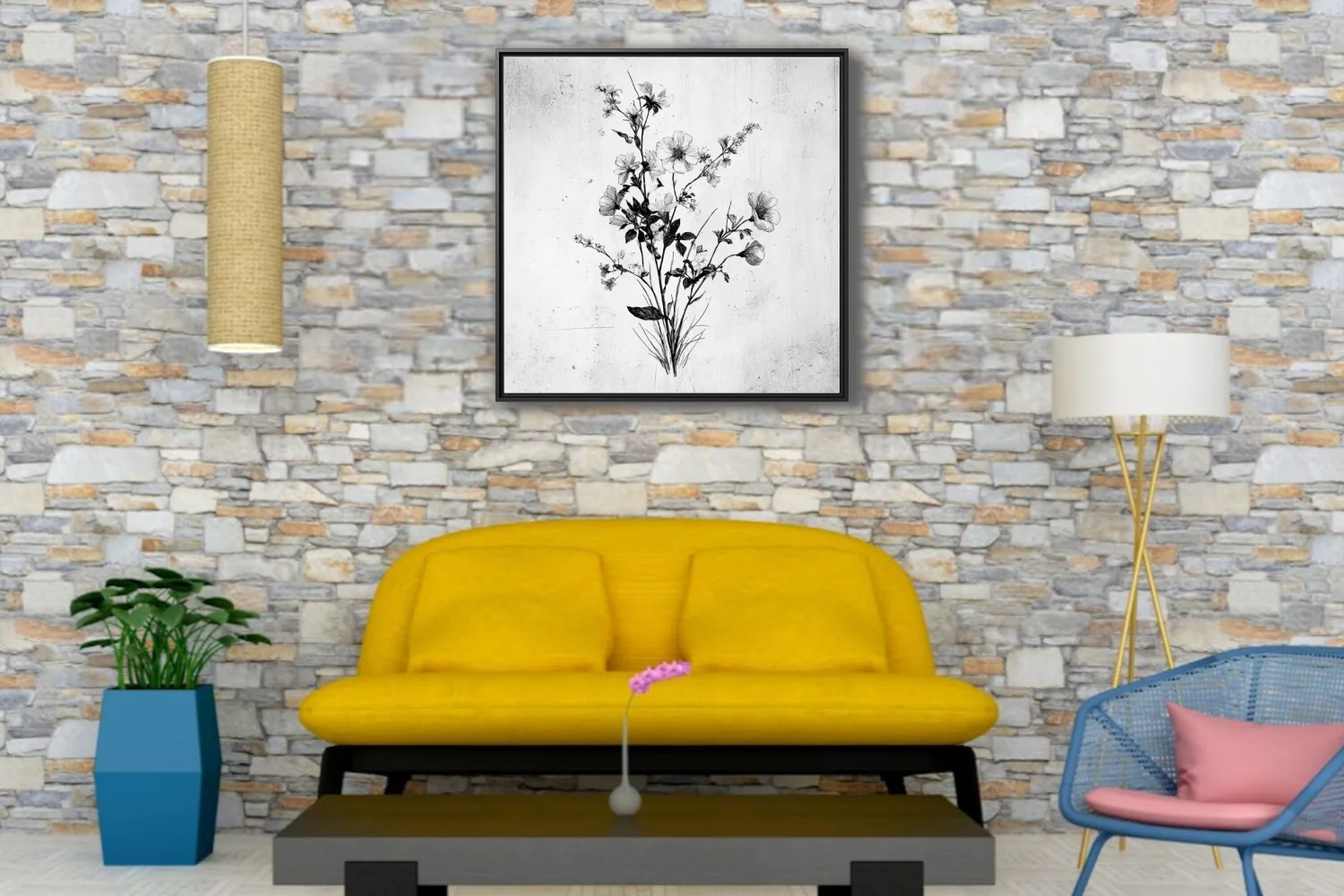 Black and white fine-line botanical illustration of wildflowers and stems, ink-style etching