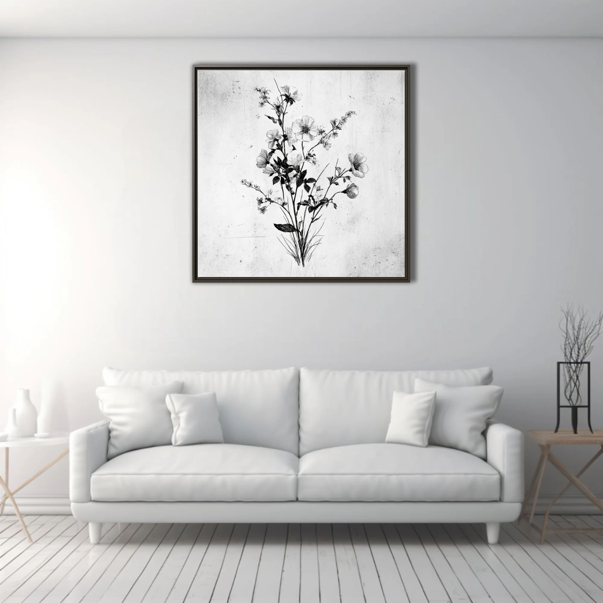 Black and white fine-line botanical illustration of wildflowers and stems, ink-style etching
