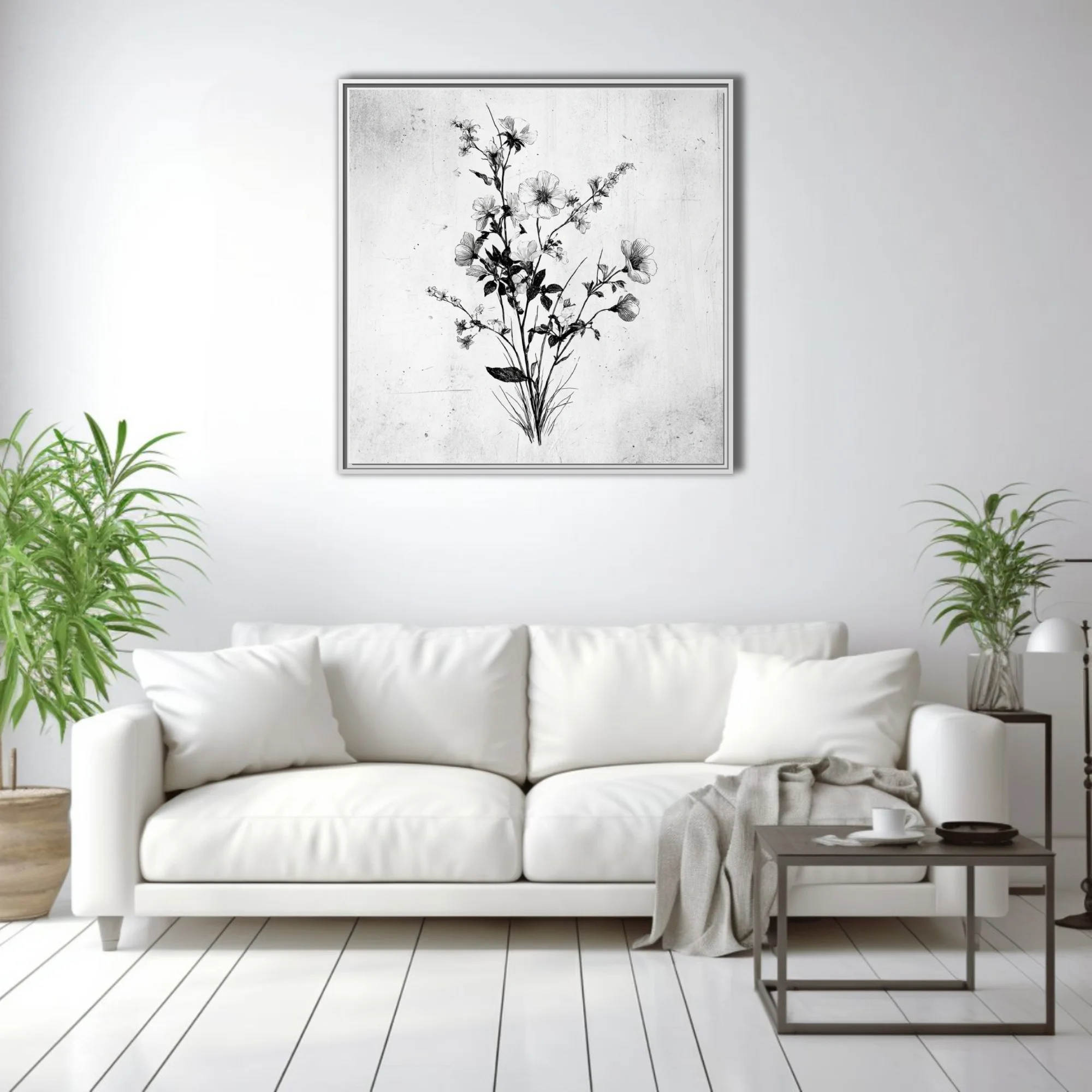 Black and white fine-line botanical illustration of wildflowers and stems, ink-style etching