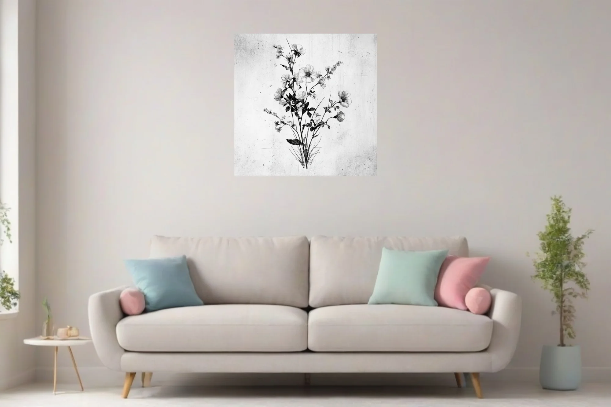 Black and white fine-line botanical illustration of wildflowers and stems, ink-style etching