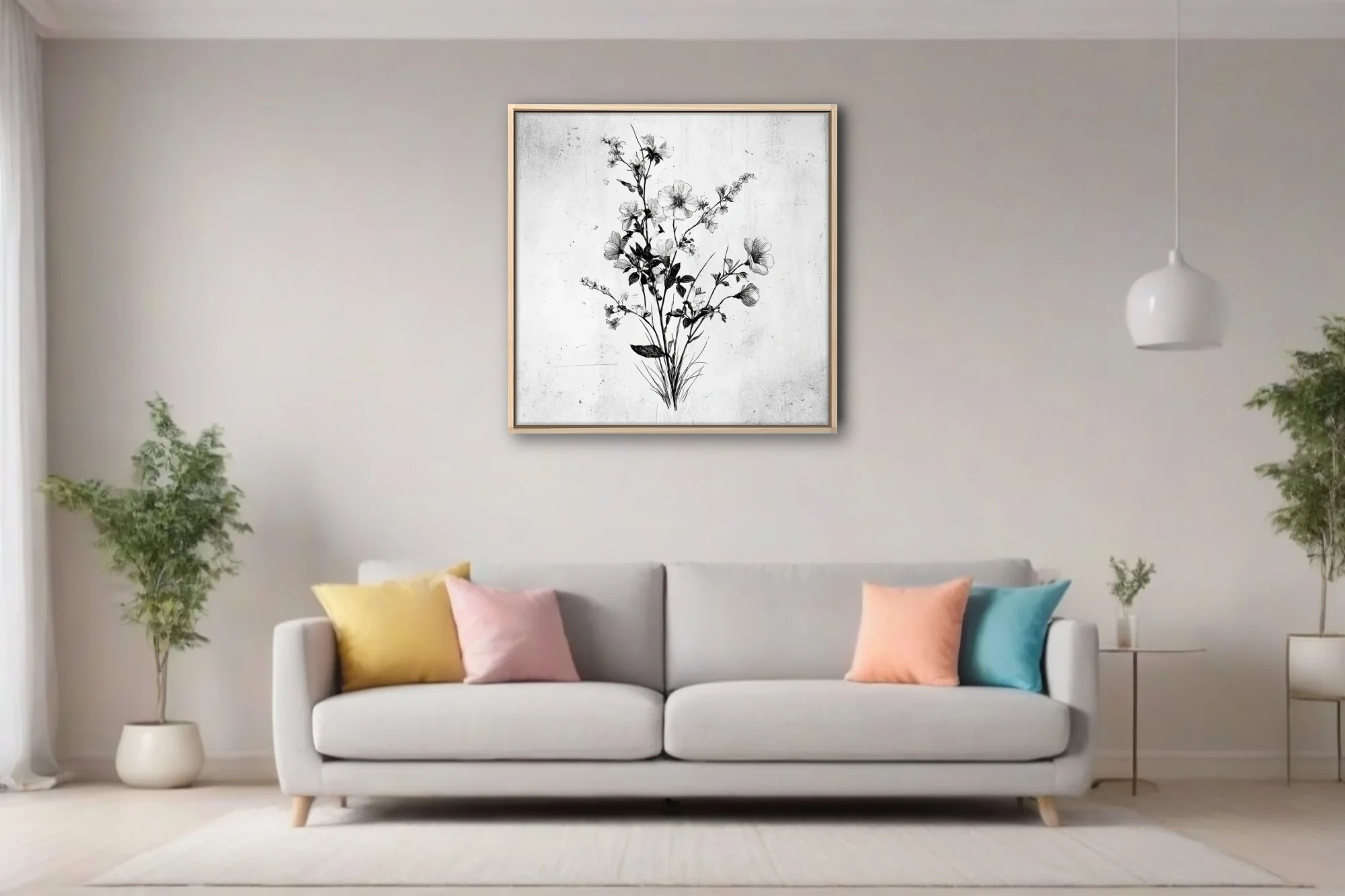 Black and white fine-line botanical illustration of wildflowers and stems, ink-style etching