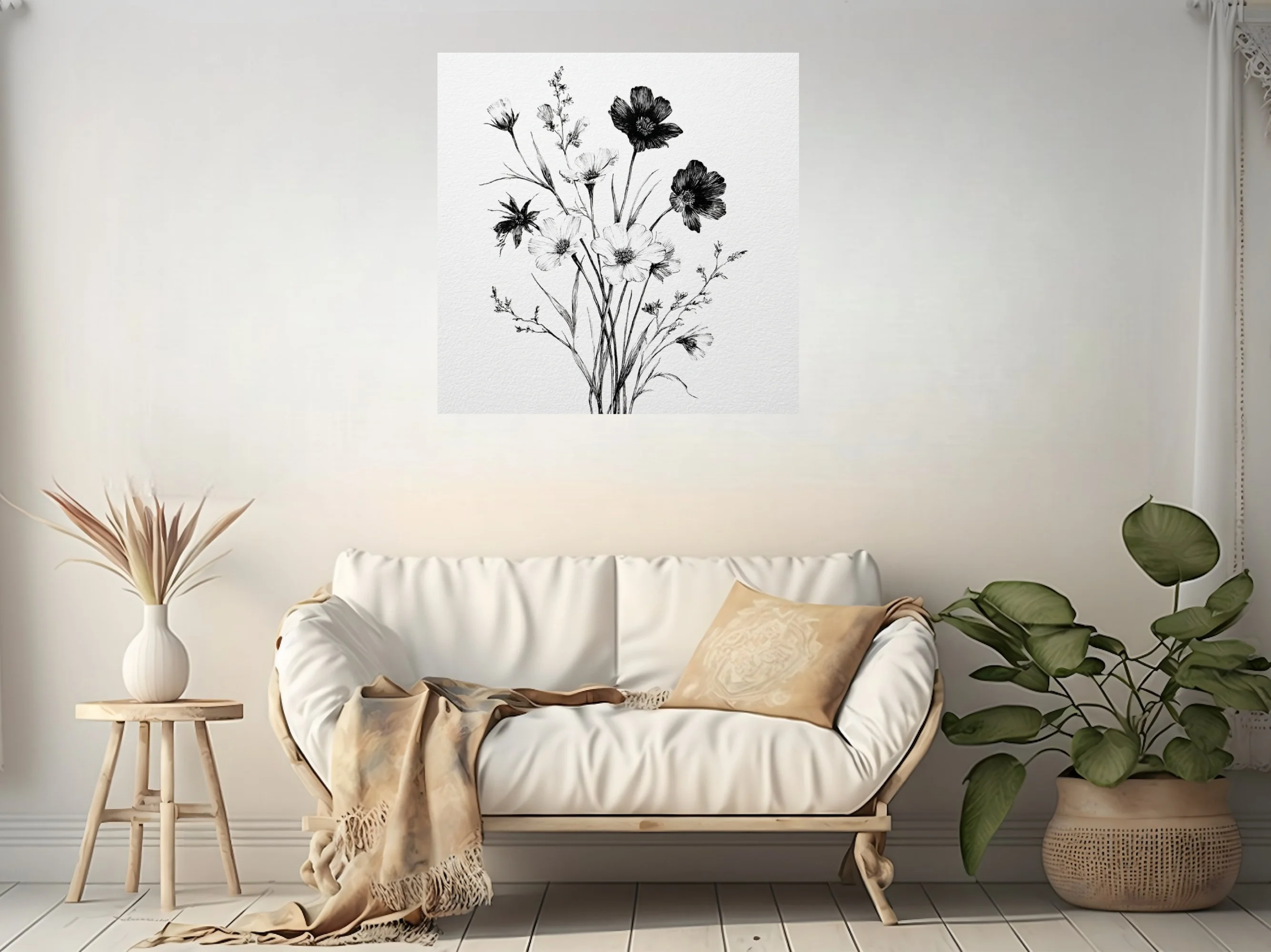 Black and white fine-line ink botanical wildflower bouquet illustration