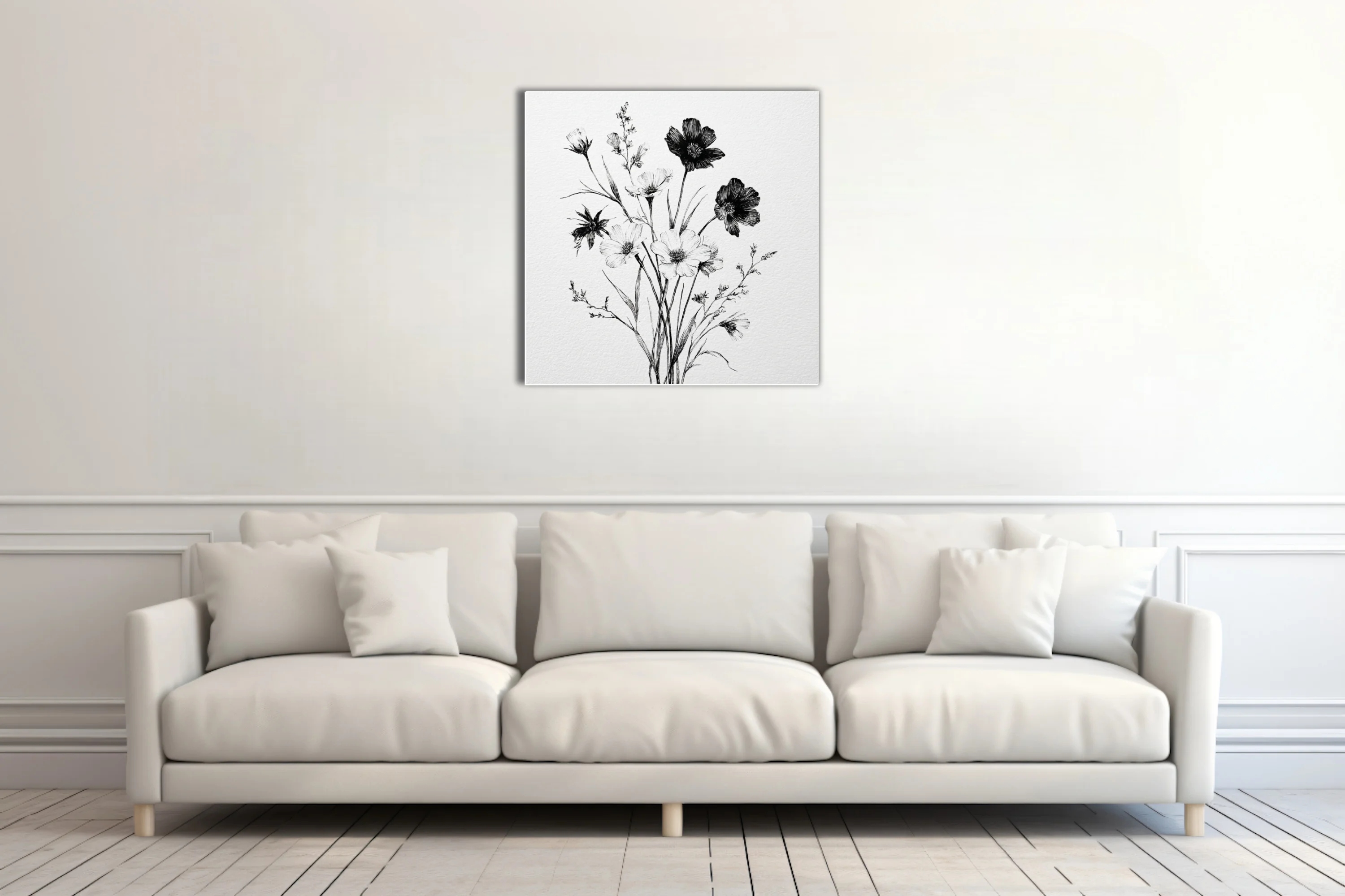 Black and white fine-line ink botanical wildflower bouquet illustration