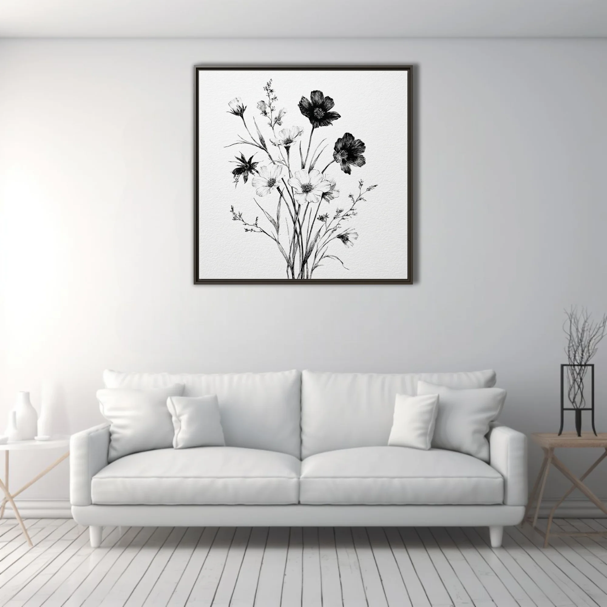Black and white fine-line ink botanical wildflower bouquet illustration