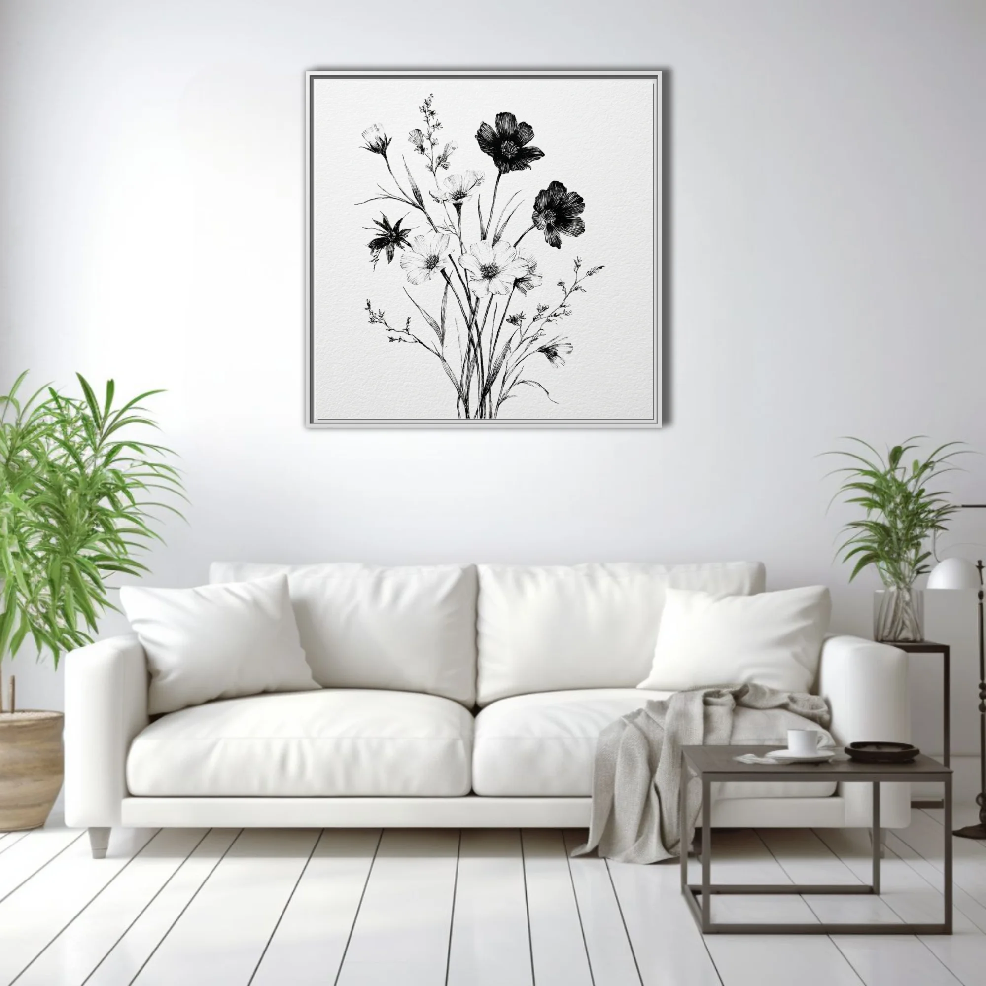 Black and white fine-line ink botanical wildflower bouquet illustration