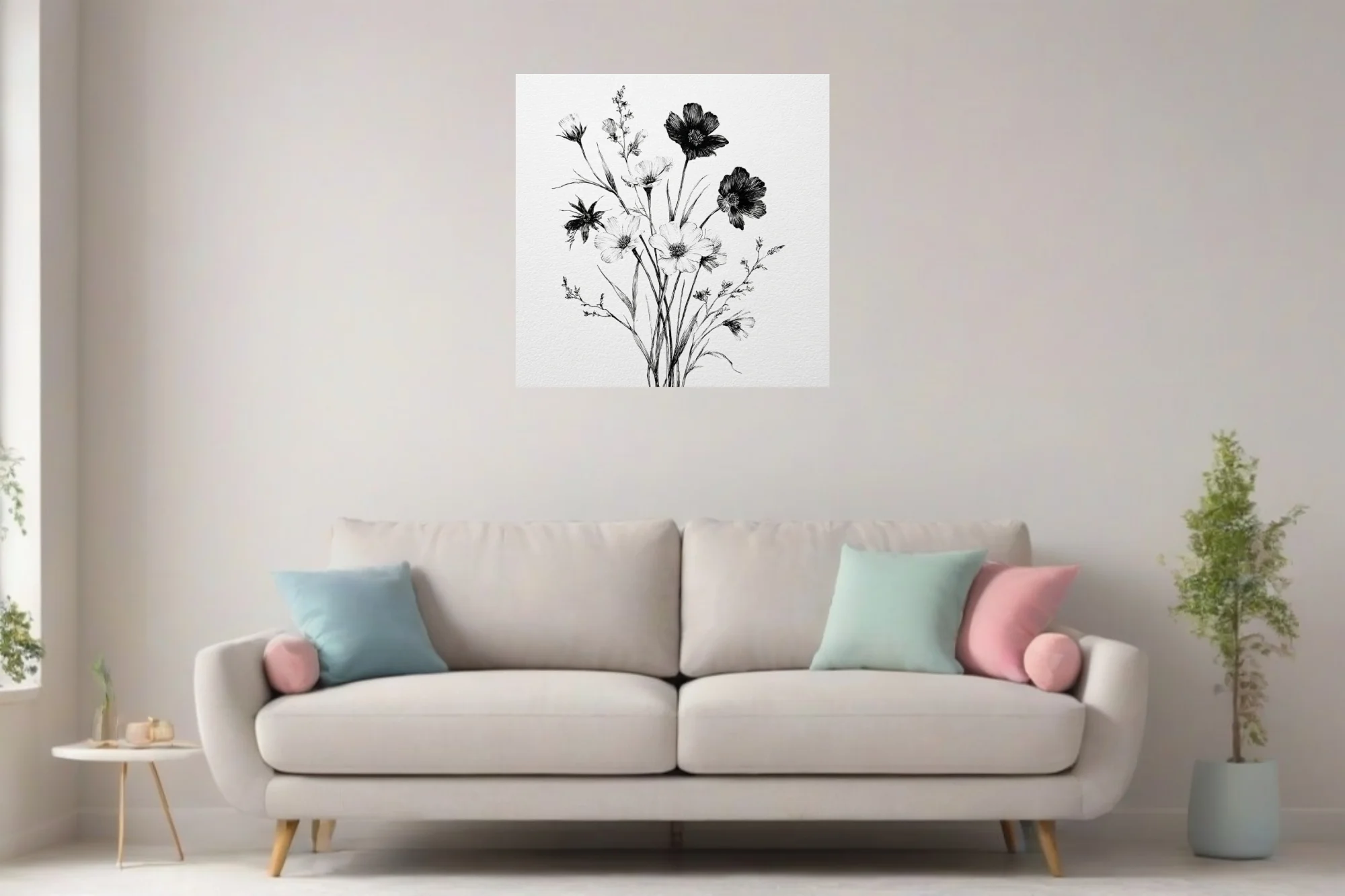 Black and white fine-line ink botanical wildflower bouquet illustration