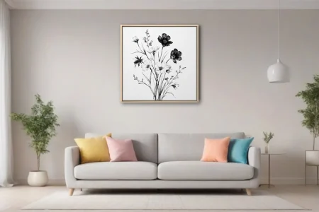Black and white fine-line ink botanical wildflower bouquet illustration
