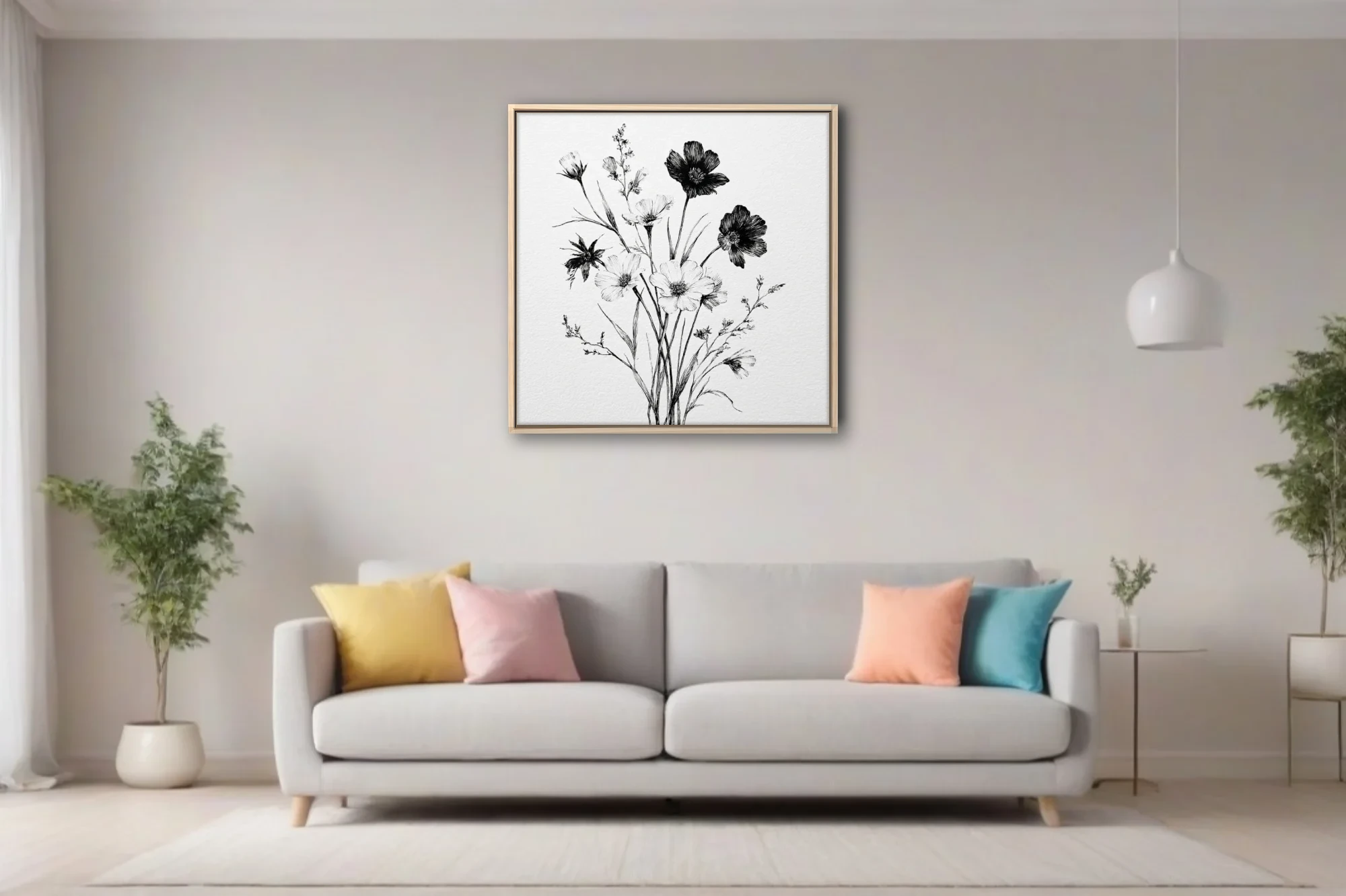 Black and white fine-line ink botanical wildflower bouquet illustration