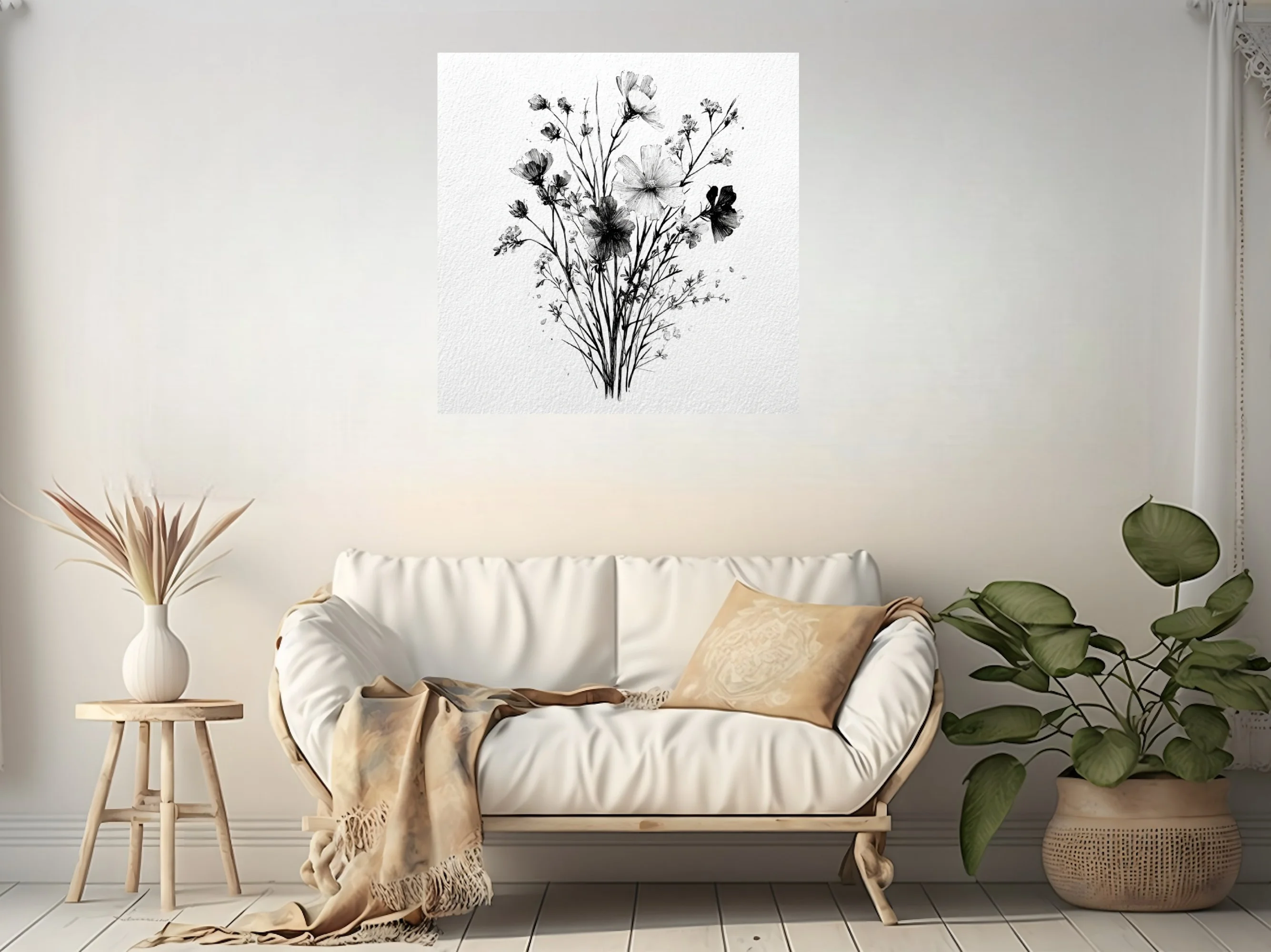 Black and white ink-style wildflower bouquet illustration, fine linework on textured paper