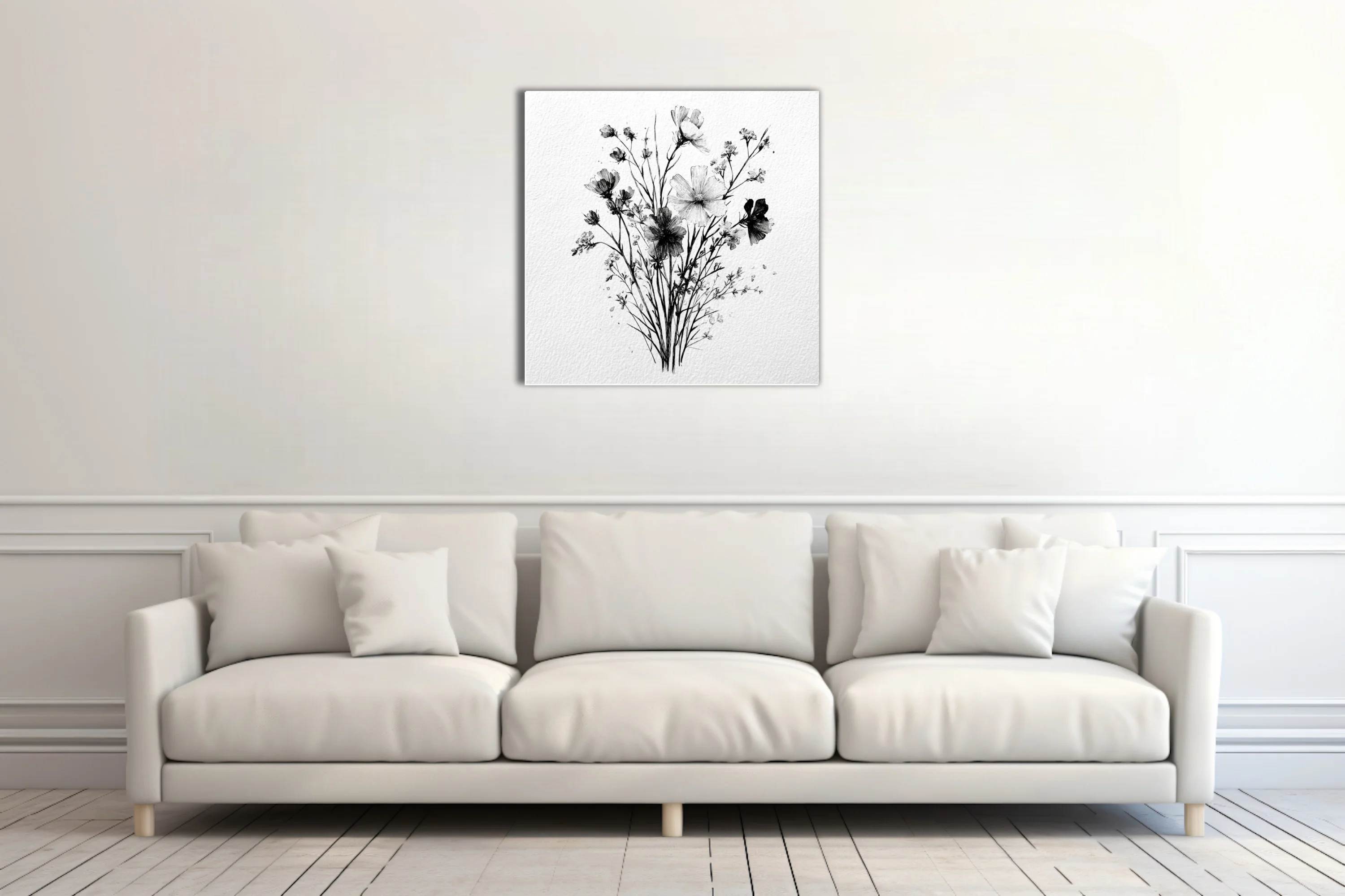 Black and white ink-style wildflower bouquet illustration, fine linework on textured paper