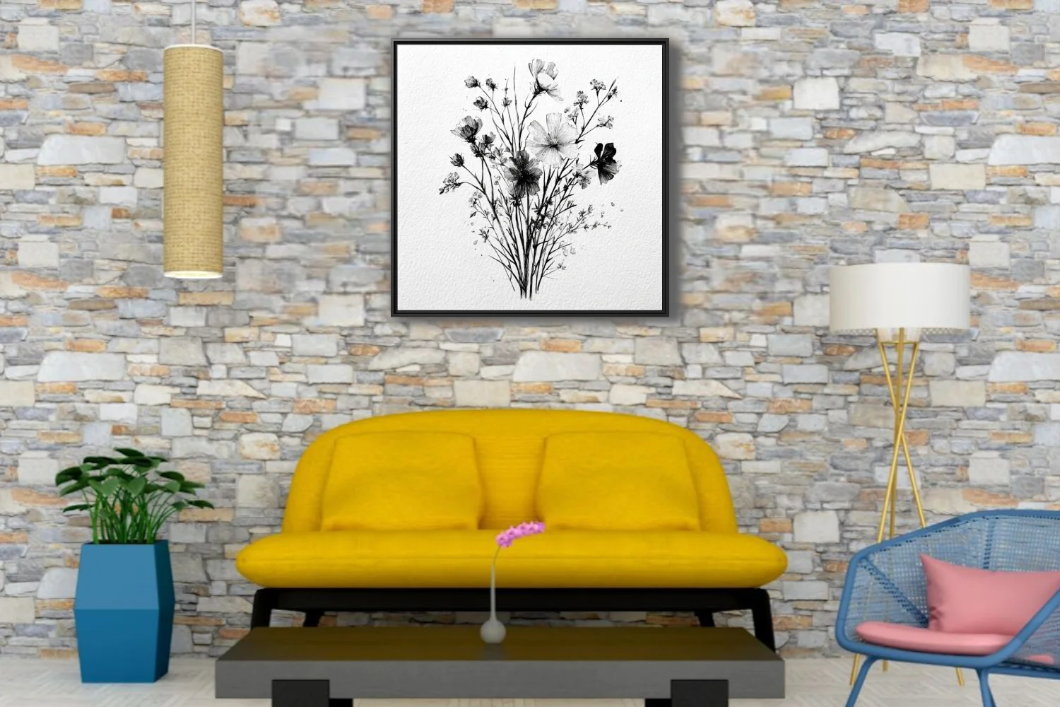 Black and white ink-style wildflower bouquet illustration, fine linework on textured paper