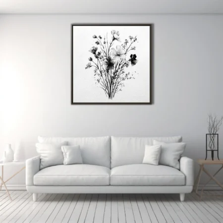 Black and white ink-style wildflower bouquet illustration, fine linework on textured paper