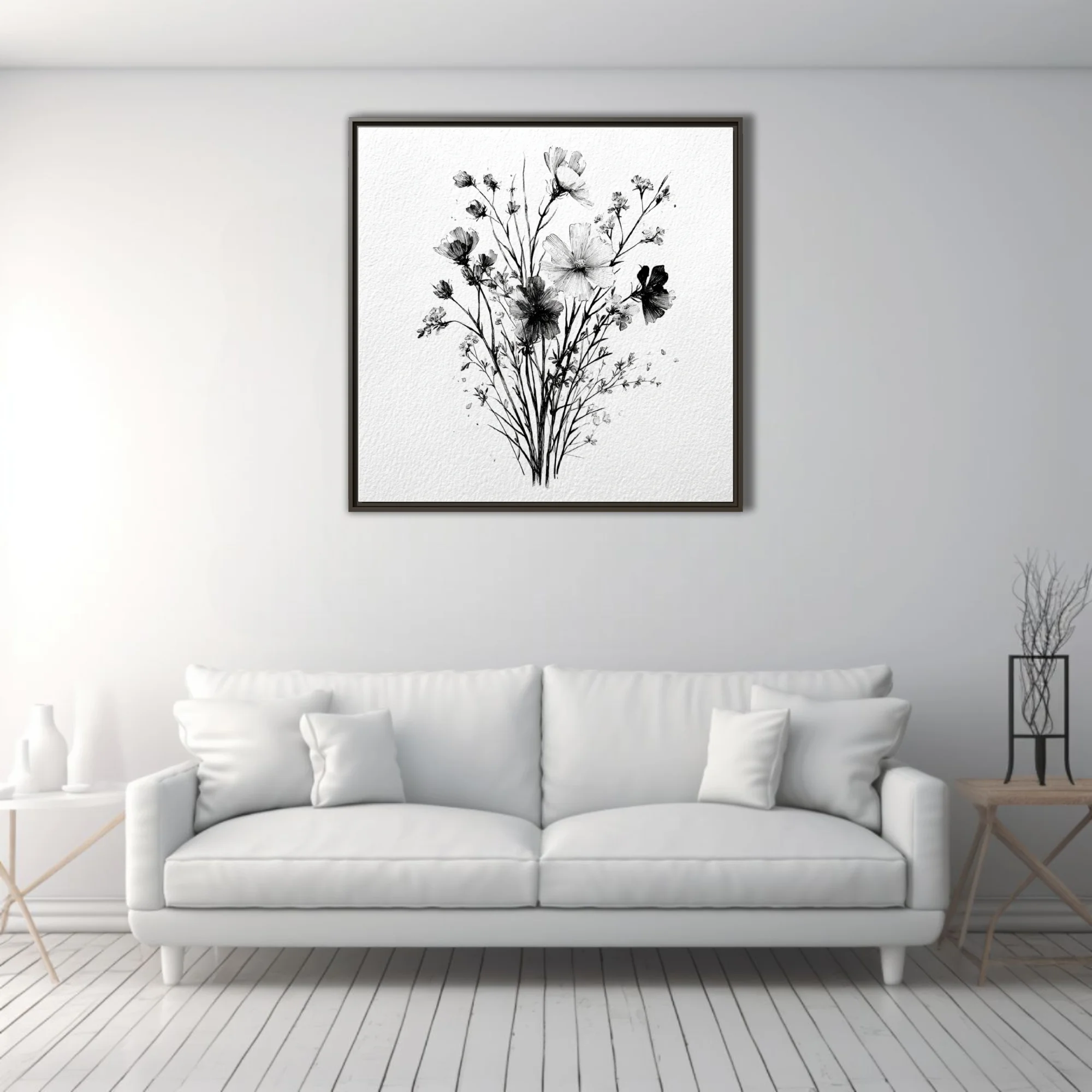 Black and white ink-style wildflower bouquet illustration, fine linework on textured paper