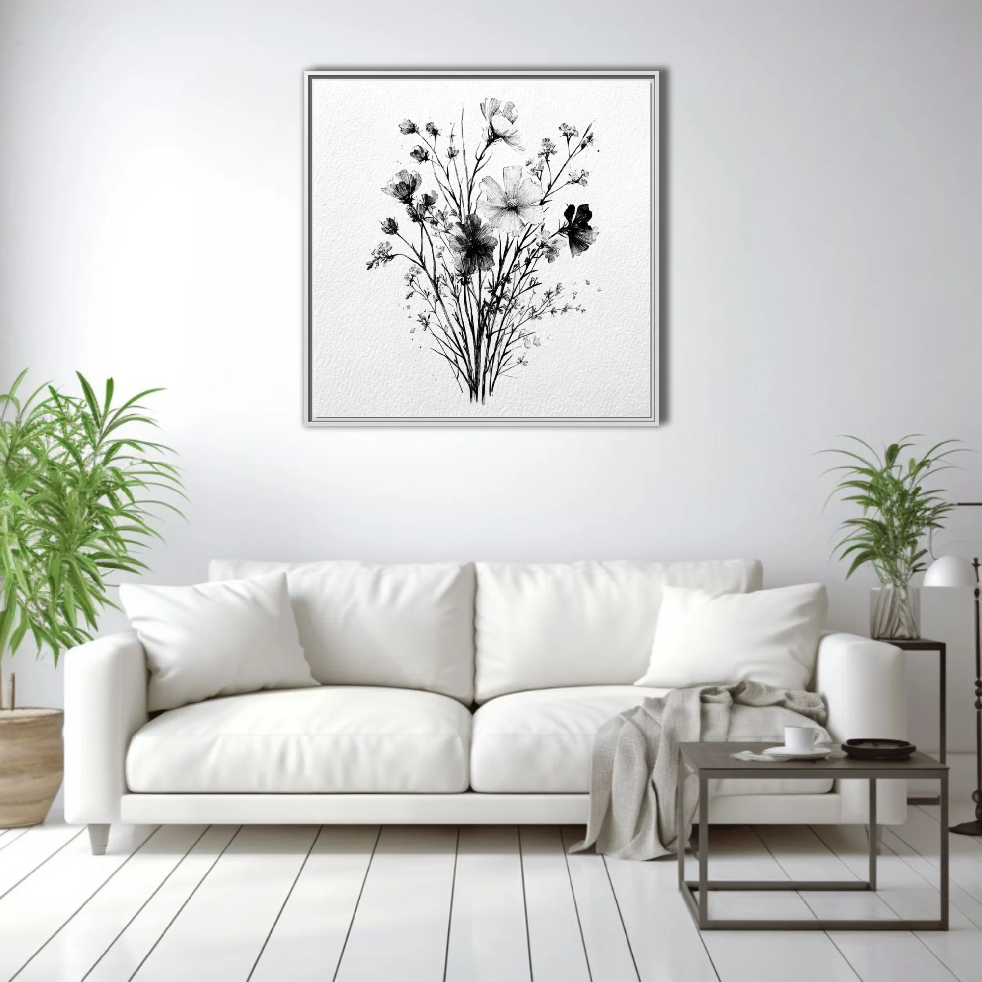 Black and white ink-style wildflower bouquet illustration, fine linework on textured paper