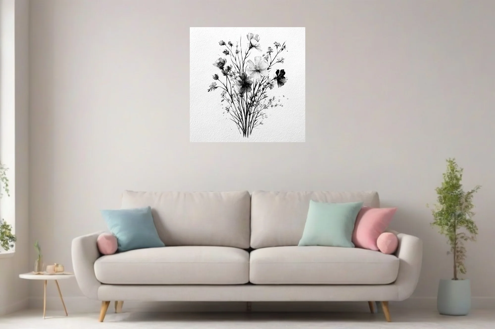 Black and white ink-style wildflower bouquet illustration, fine linework on textured paper