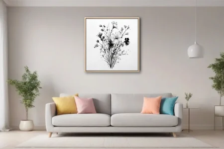 Black and white ink-style wildflower bouquet illustration, fine linework on textured paper