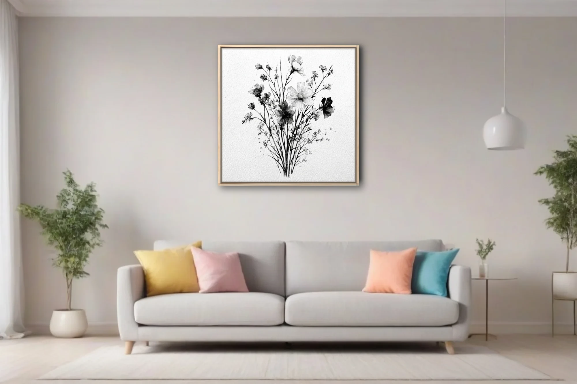Black and white ink-style wildflower bouquet illustration, fine linework on textured paper