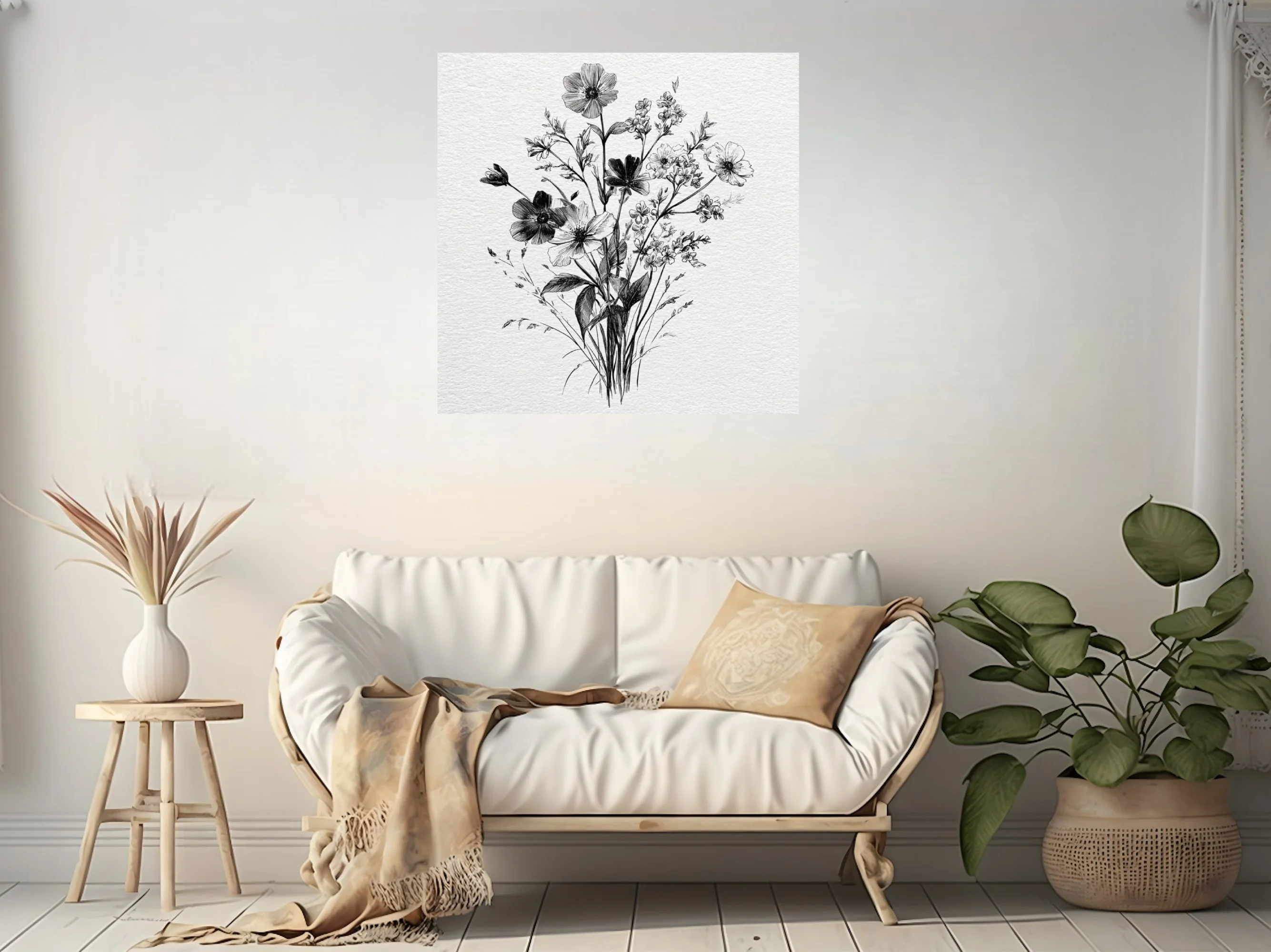 Fine-line black and white botanical illustration of wildflowers and foliage