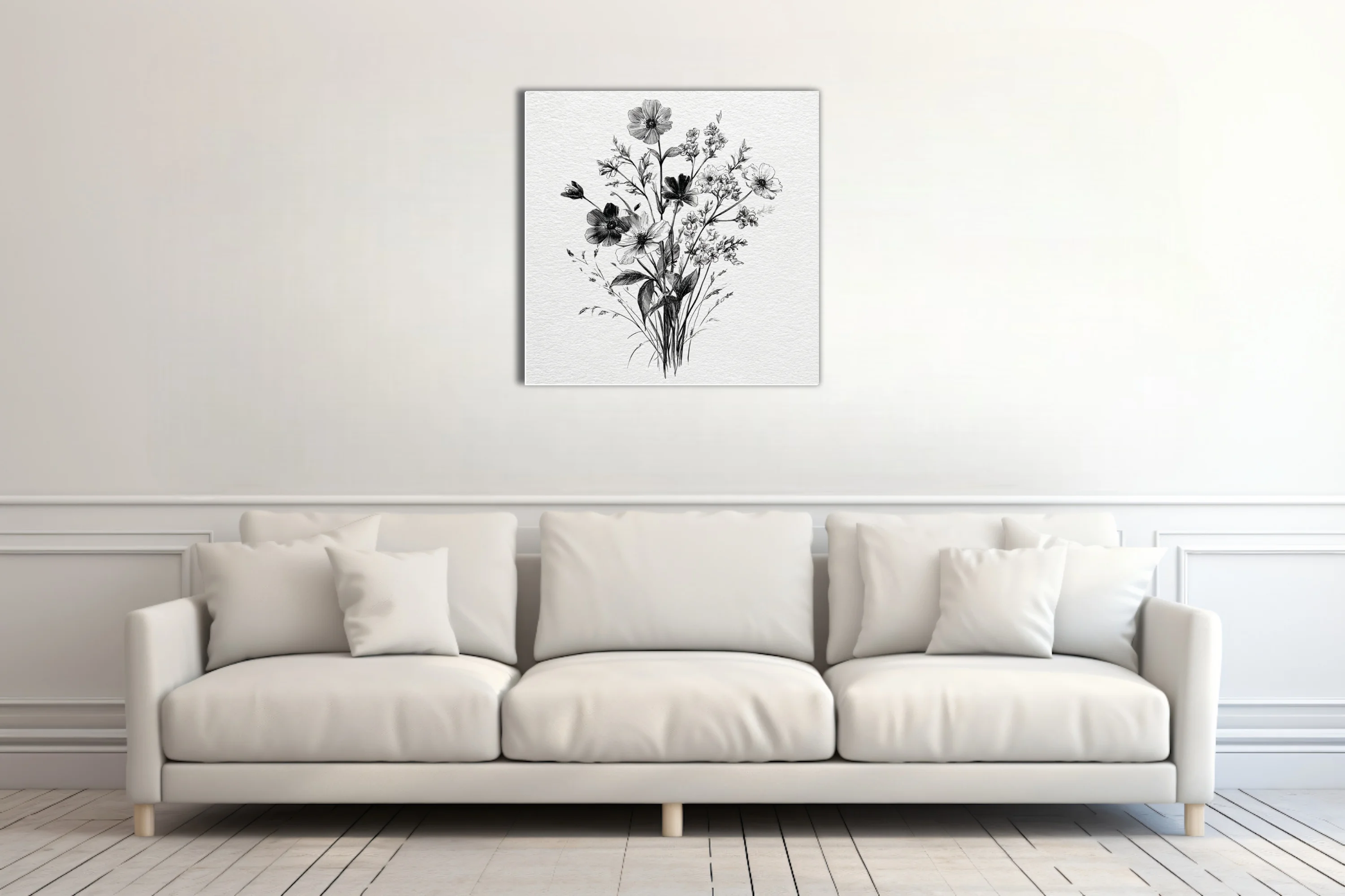 Fine-line black and white botanical illustration of wildflowers and foliage