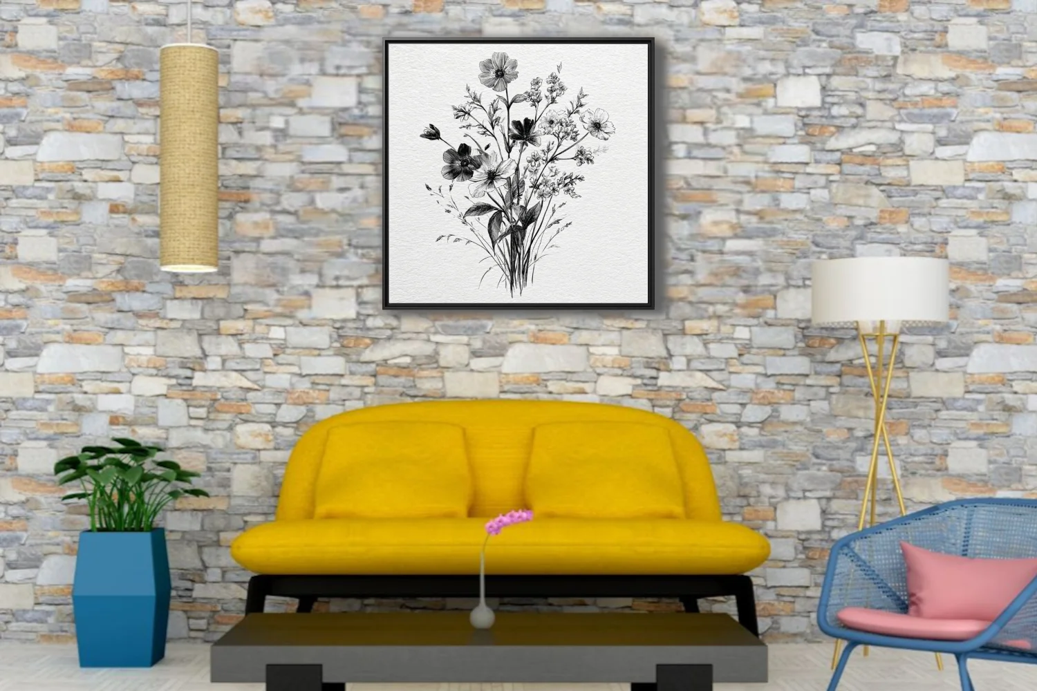 Fine-line black and white botanical illustration of wildflowers and foliage