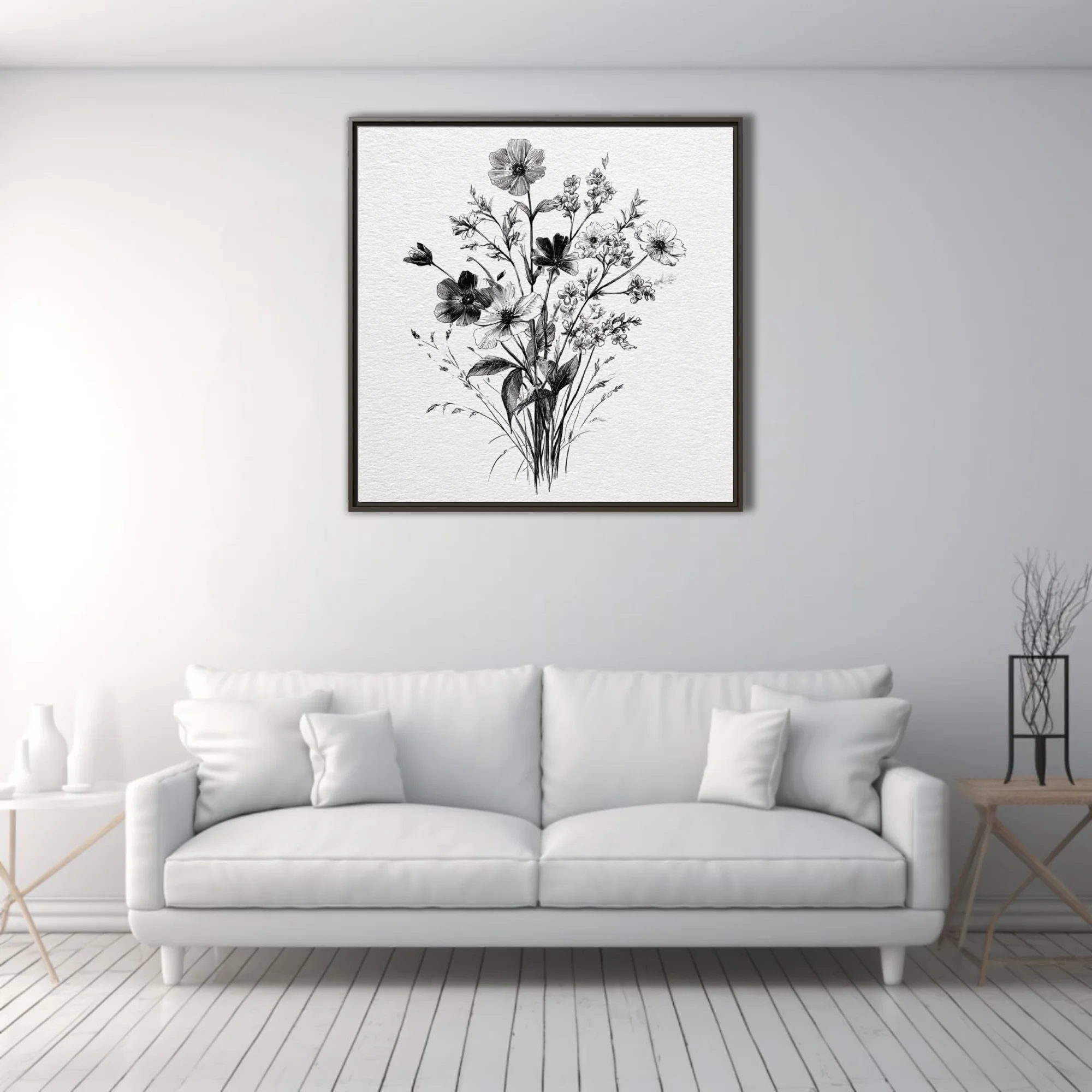 Fine-line black and white botanical illustration of wildflowers and foliage