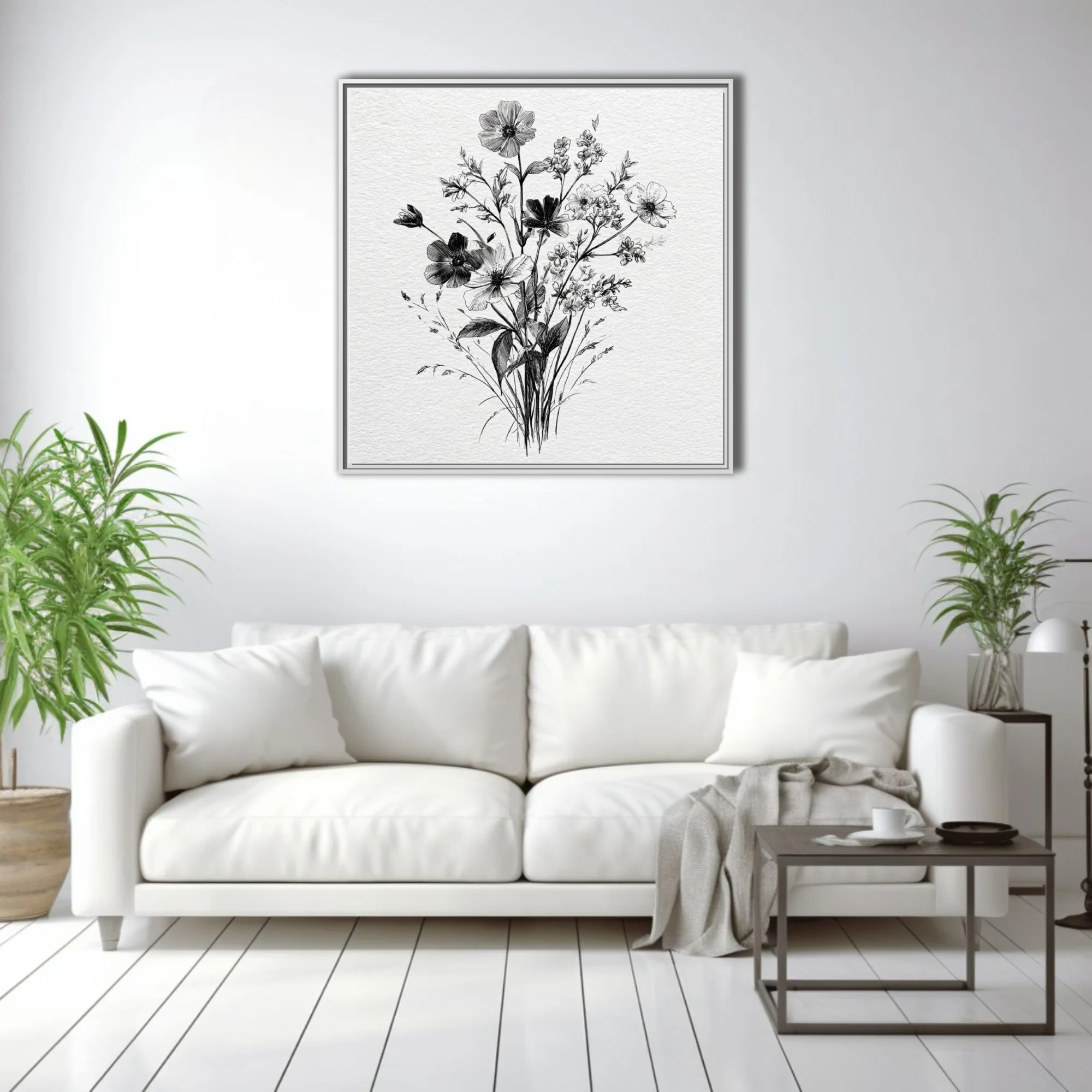 Fine-line black and white botanical illustration of wildflowers and foliage