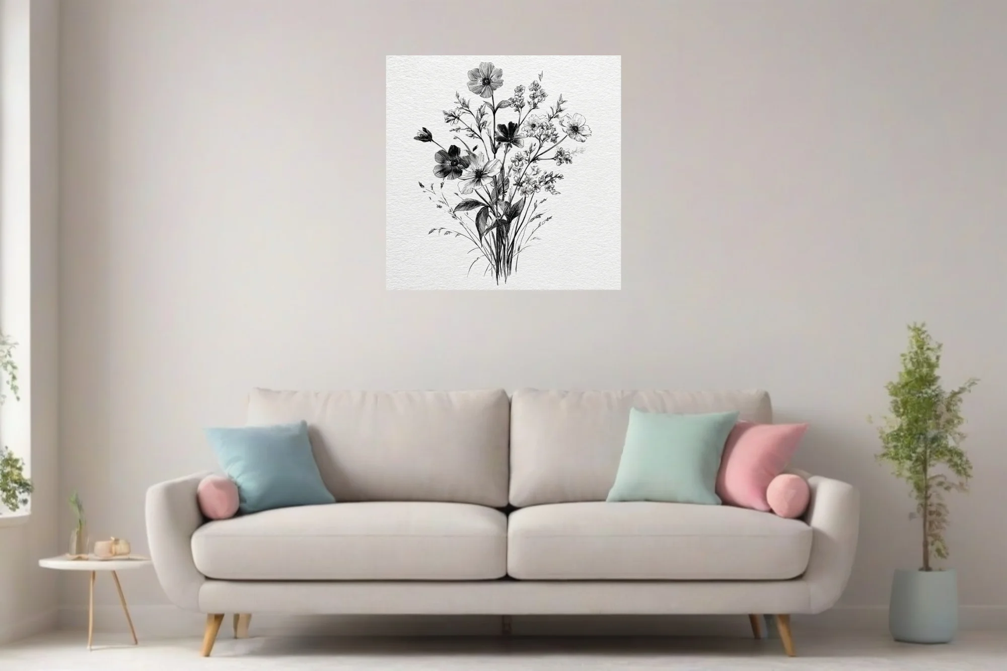 Fine-line black and white botanical illustration of wildflowers and foliage