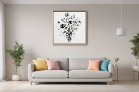 Fine-line black and white botanical illustration of wildflowers and foliage
