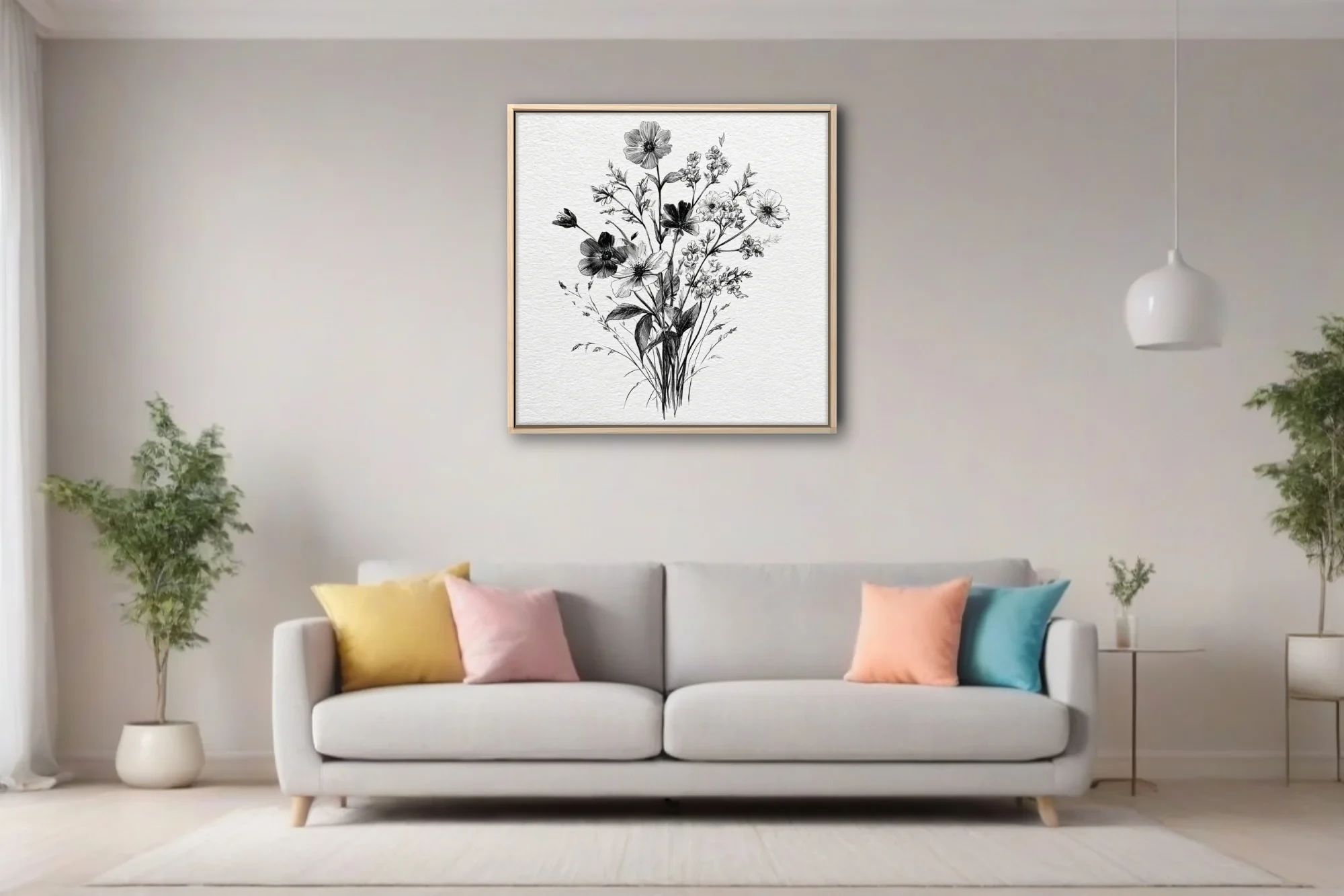 Fine-line black and white botanical illustration of wildflowers and foliage