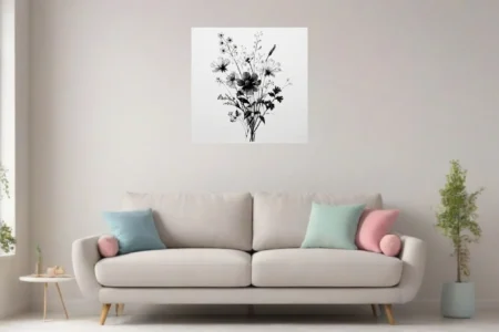 Fine ink-style wildflower bouquet illustration, black on white, detailed linework