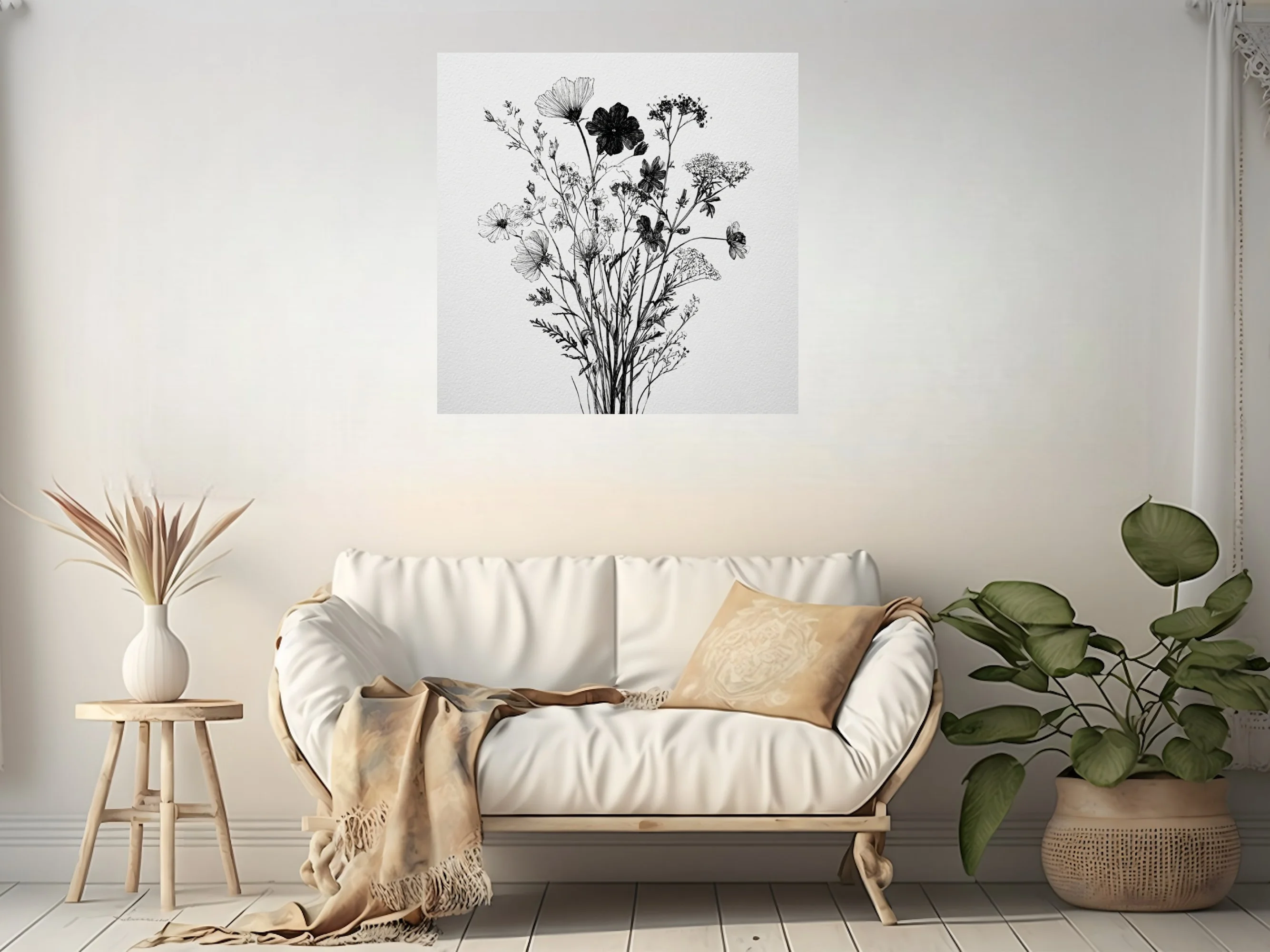 Black-and-white ink-style wildflower botanical illustration, delicate linework on white