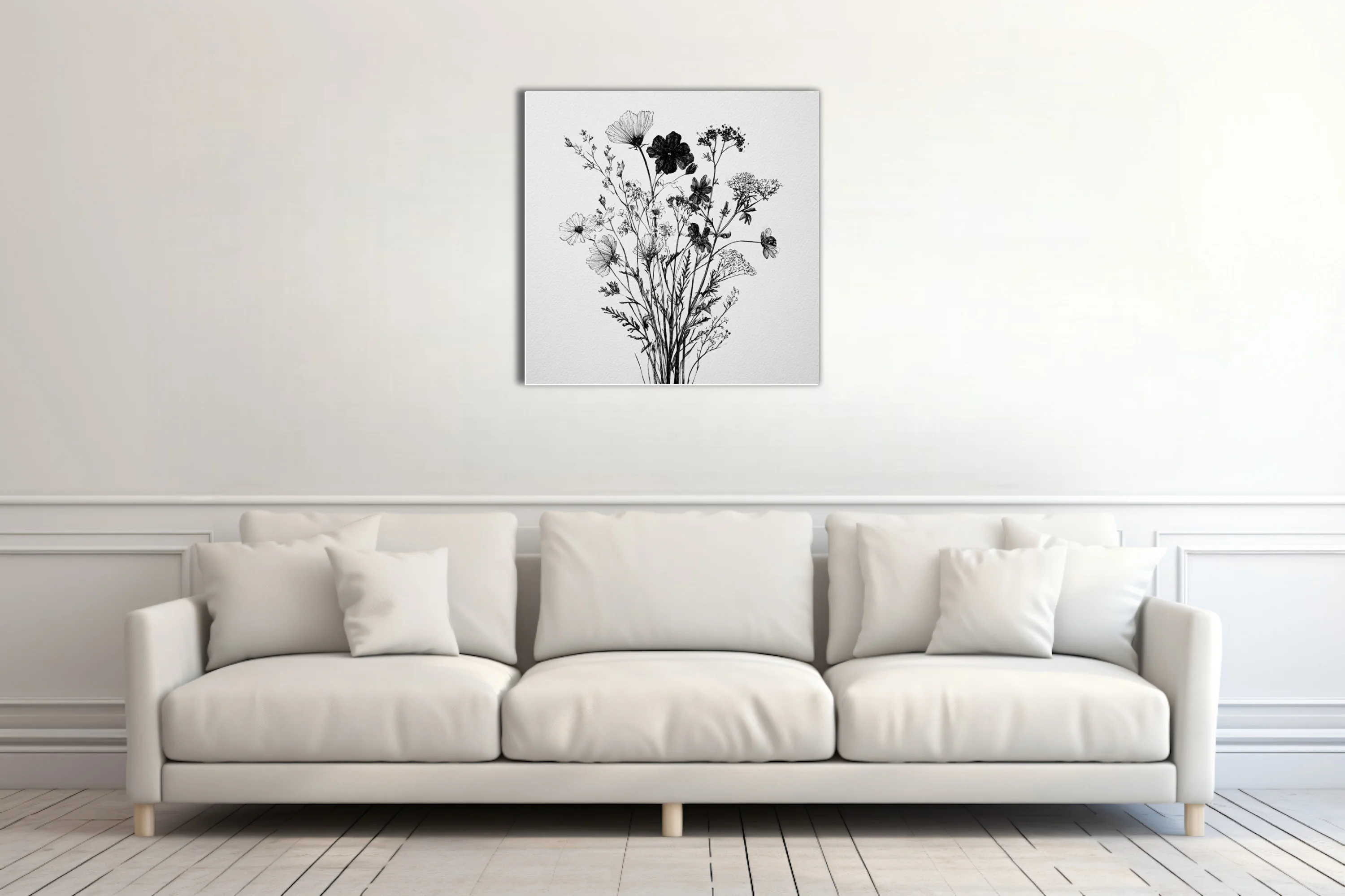 Black-and-white ink-style wildflower botanical illustration, delicate linework on white