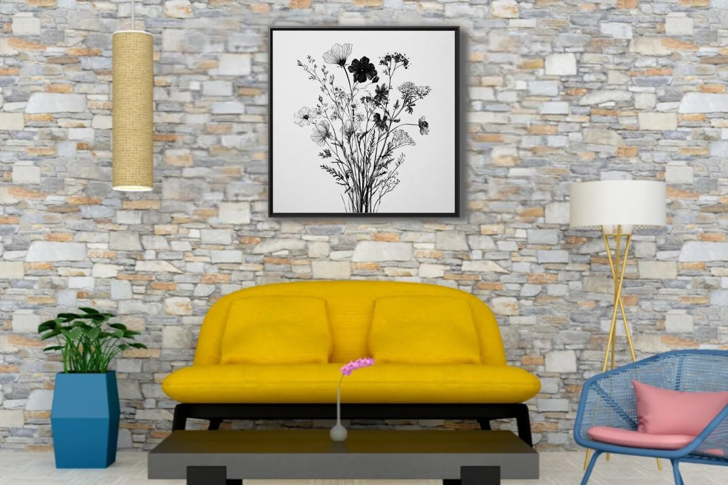 Black-and-white ink-style wildflower botanical illustration, delicate linework on white