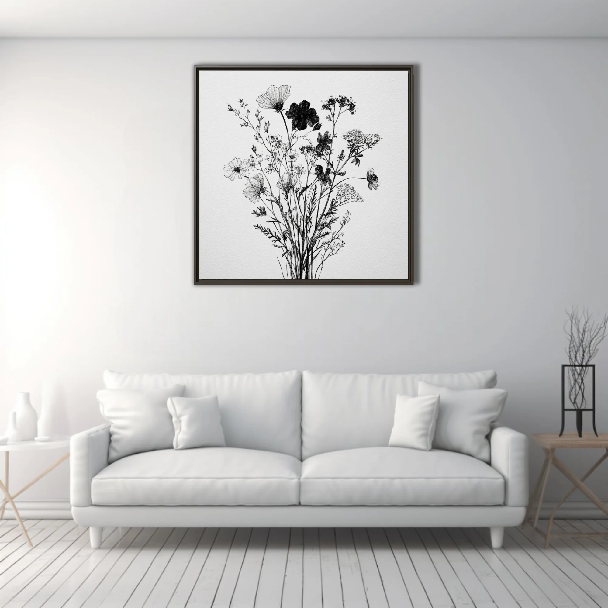 Black-and-white ink-style wildflower botanical illustration, delicate linework on white