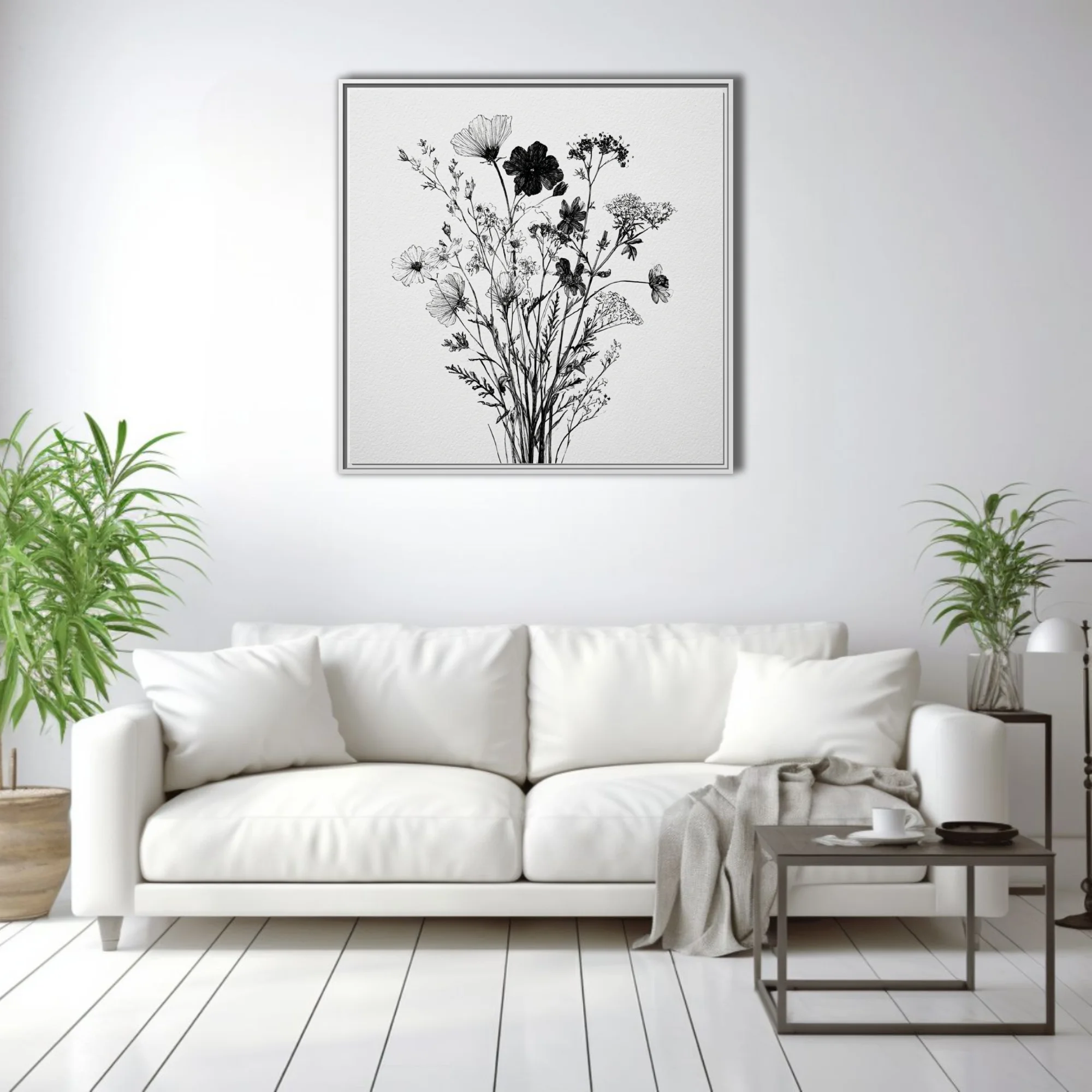 Black-and-white ink-style wildflower botanical illustration, delicate linework on white