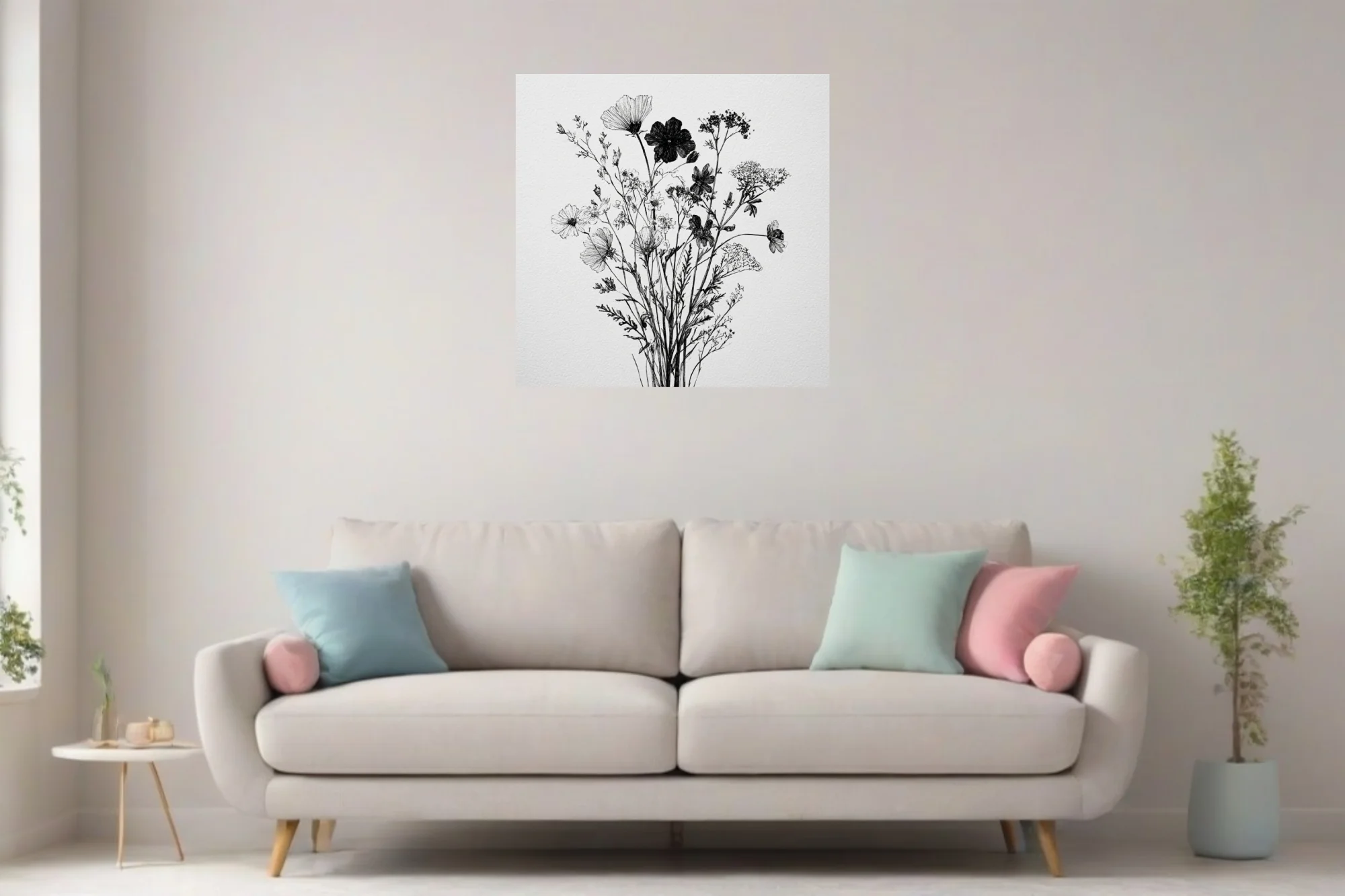 Black-and-white ink-style wildflower botanical illustration, delicate linework on white