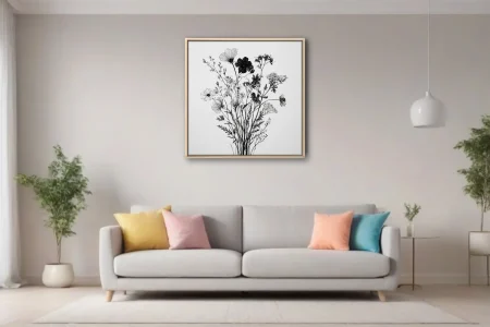 Black-and-white ink-style wildflower botanical illustration, delicate linework on white