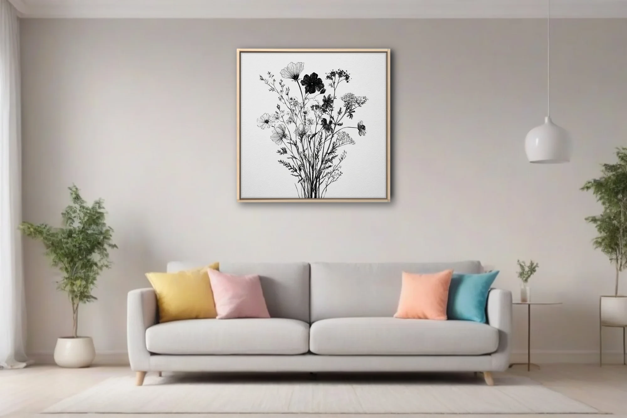 Black-and-white ink-style wildflower botanical illustration, delicate linework on white