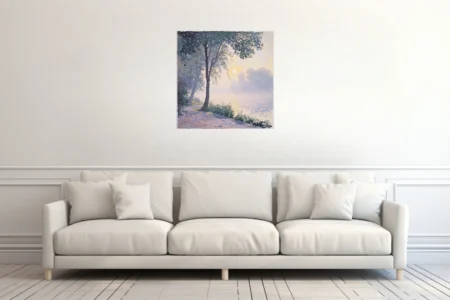 Soft painterly riverbank landscape at dawn with trees, soft gold and lavender watercolor-style washes