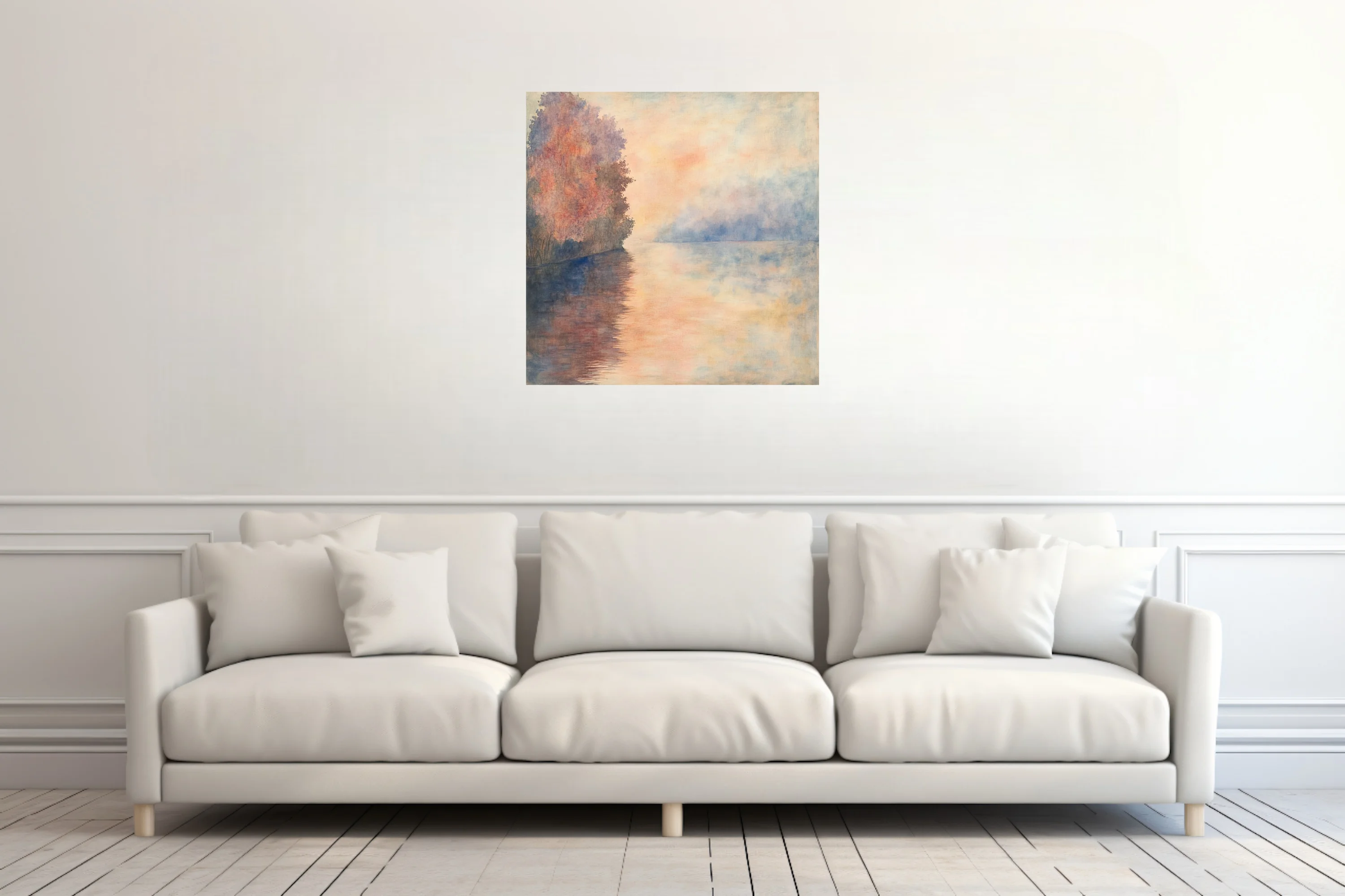 Soft-focus riverside landscape in peach, coral and dusty blue pastels with autumn trees and misty reflections
