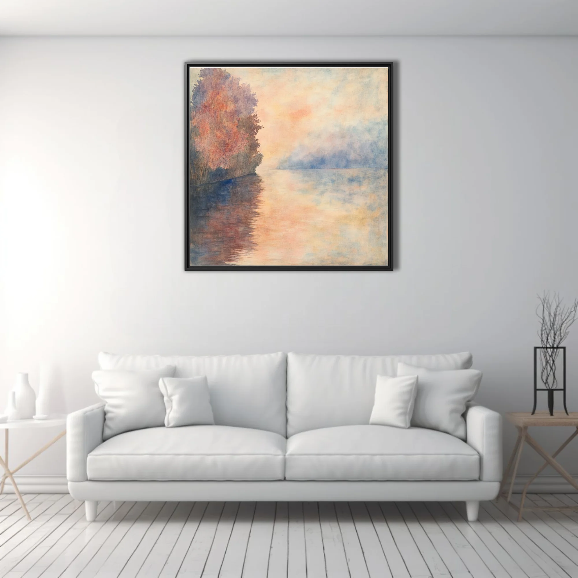 Soft-focus riverside landscape in peach, coral and dusty blue pastels with autumn trees and misty reflections